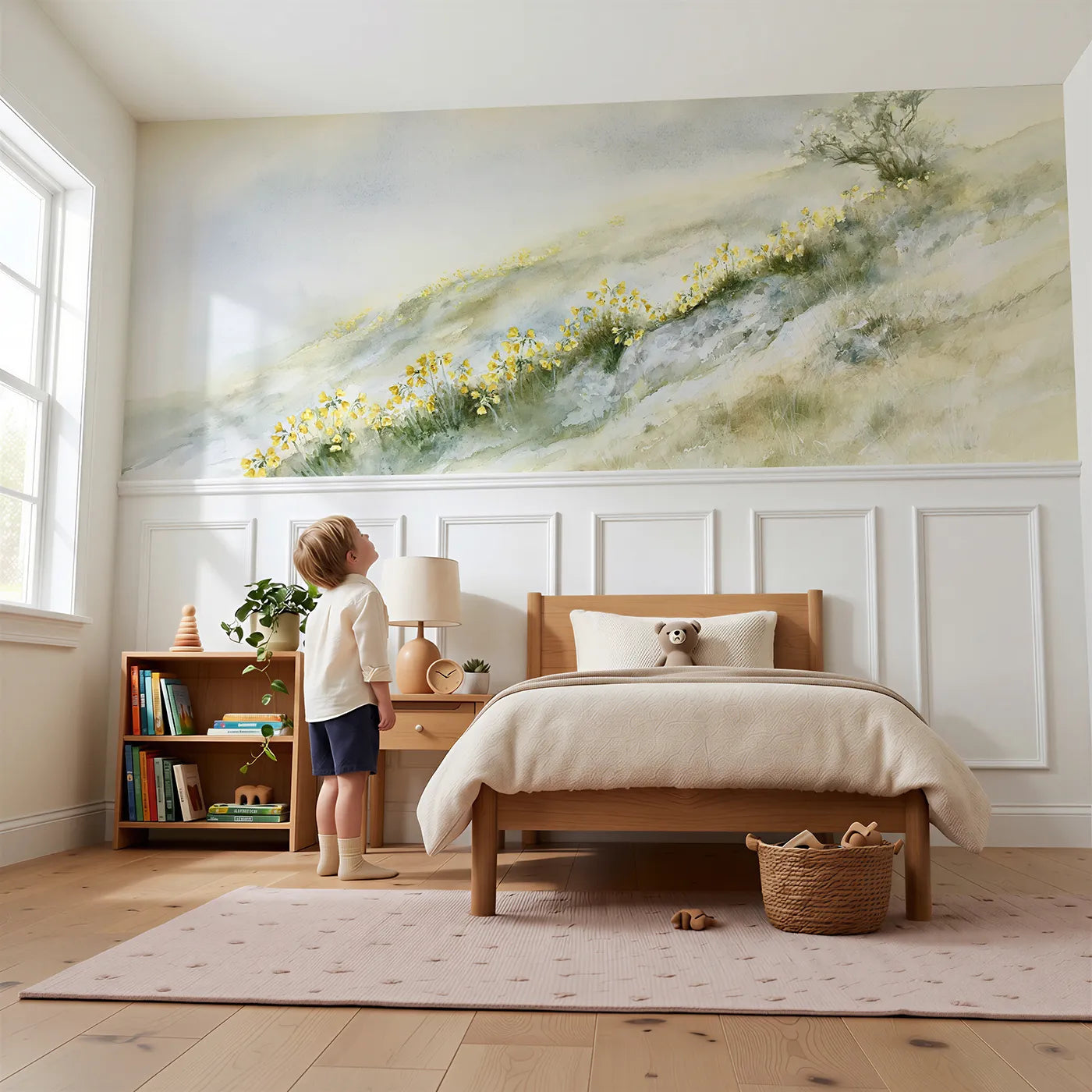 Child reading near First Light Cowslips Wainscoting Wallpaper by Whimsy Tots