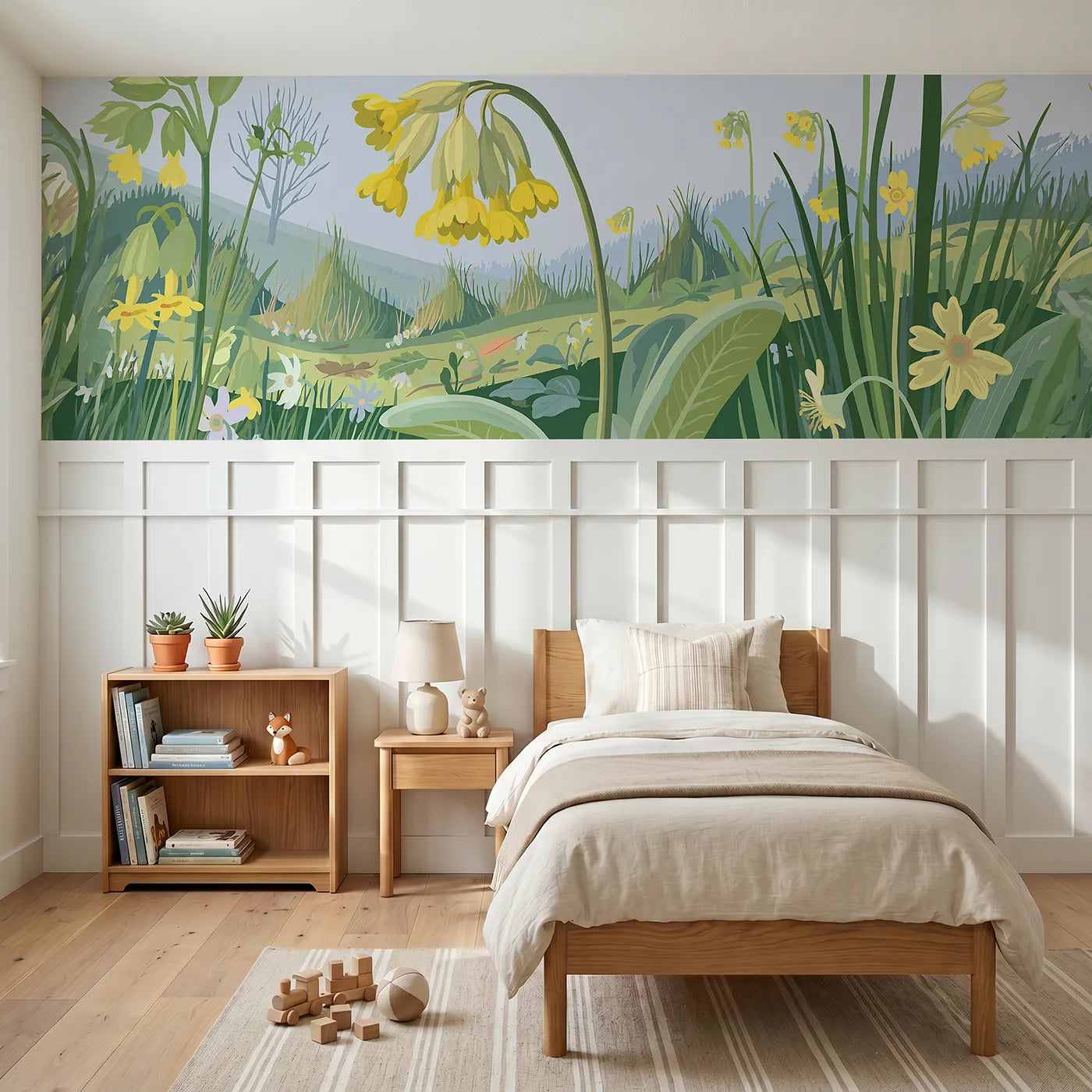 Modern illustration wainscoting wallpaper of folk cowslip keys by Whimsy Tots