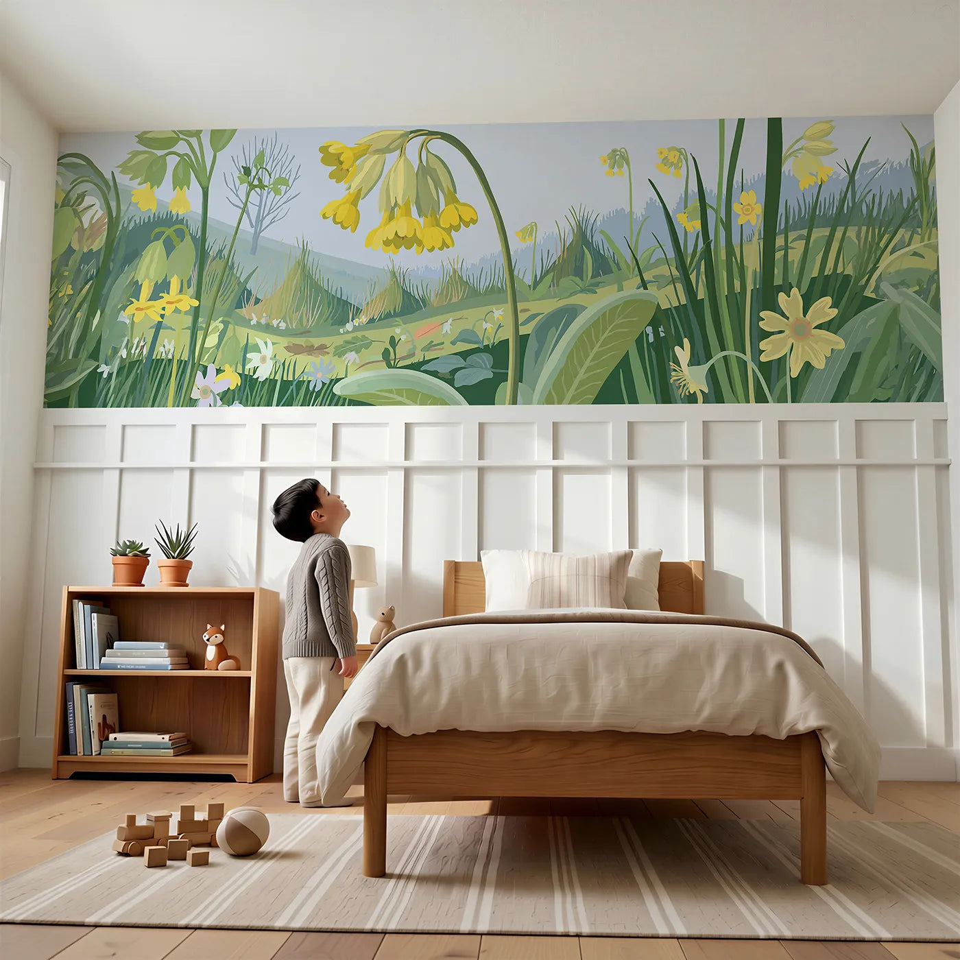 Child reading near Folk Cowslip Keys Wainscoting Wallpaper by Whimsy Tots