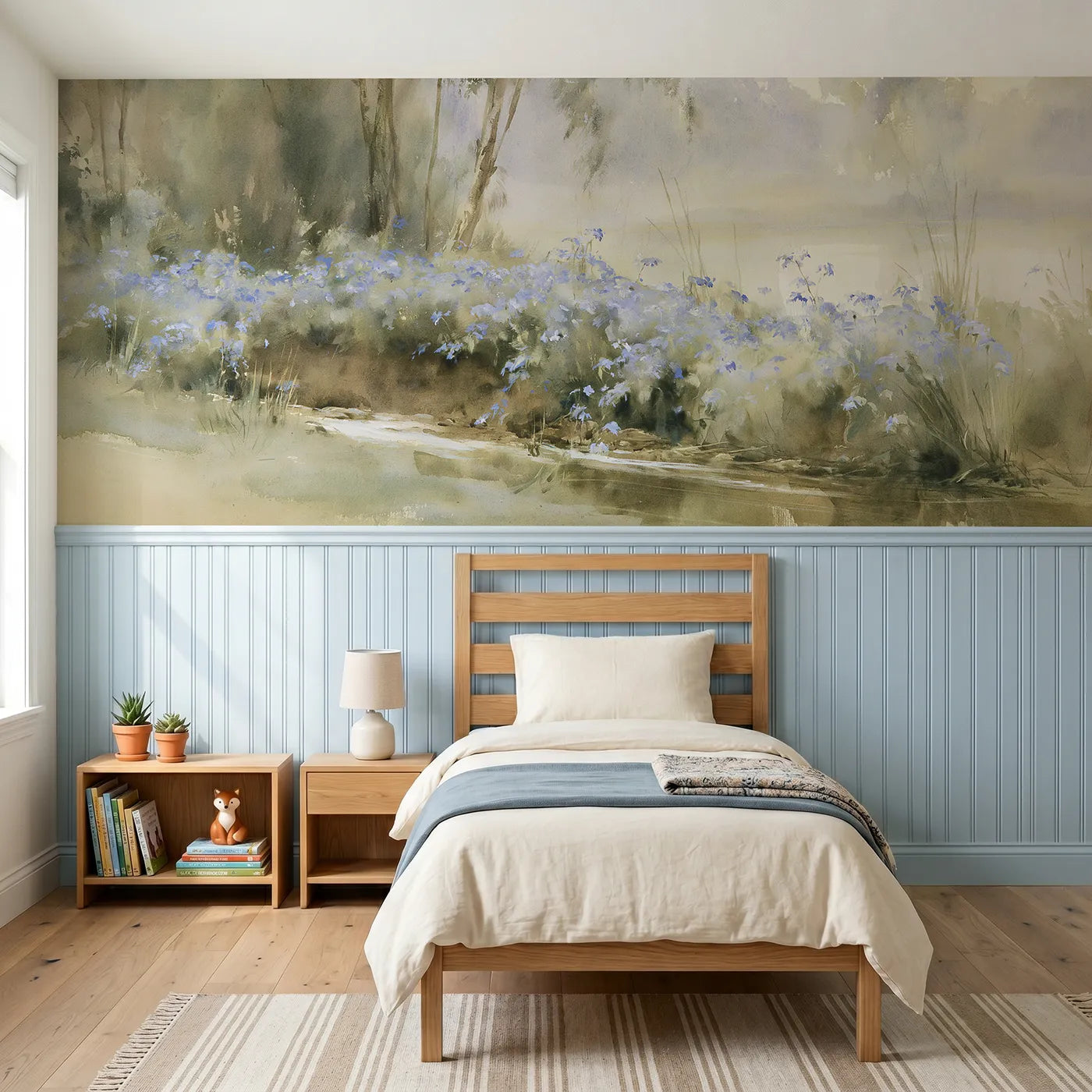Watercolor wainscoting wallpaper of blue by the brook by Whimsy Tots