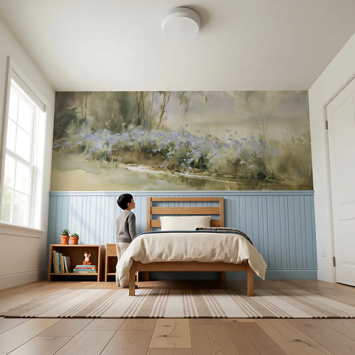 Child reading near Blue By The Brook Wainscoting Wallpaper by Whimsy Tots