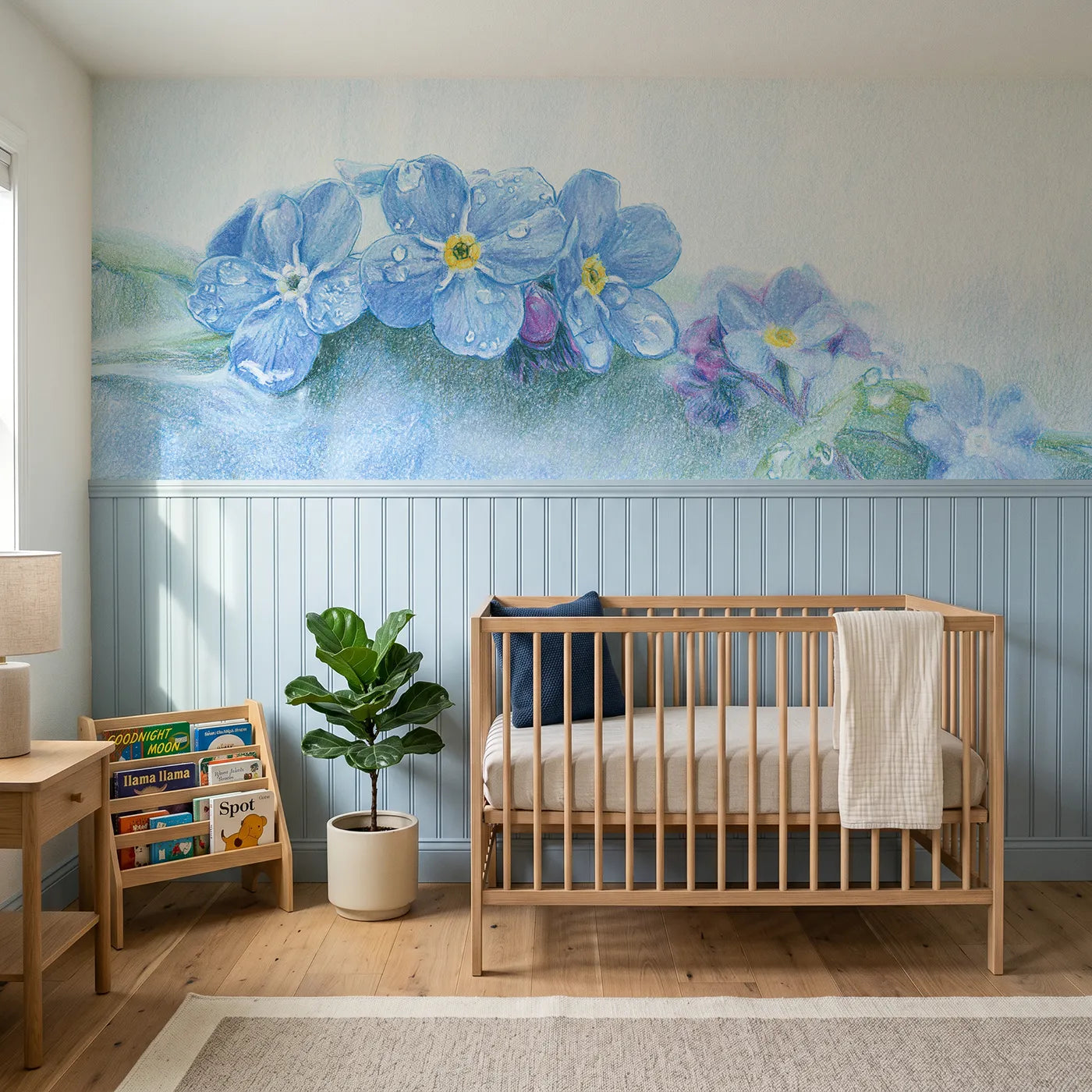 Colored pencil wainscoting wallpaper of five blue petals by Whimsy Tots