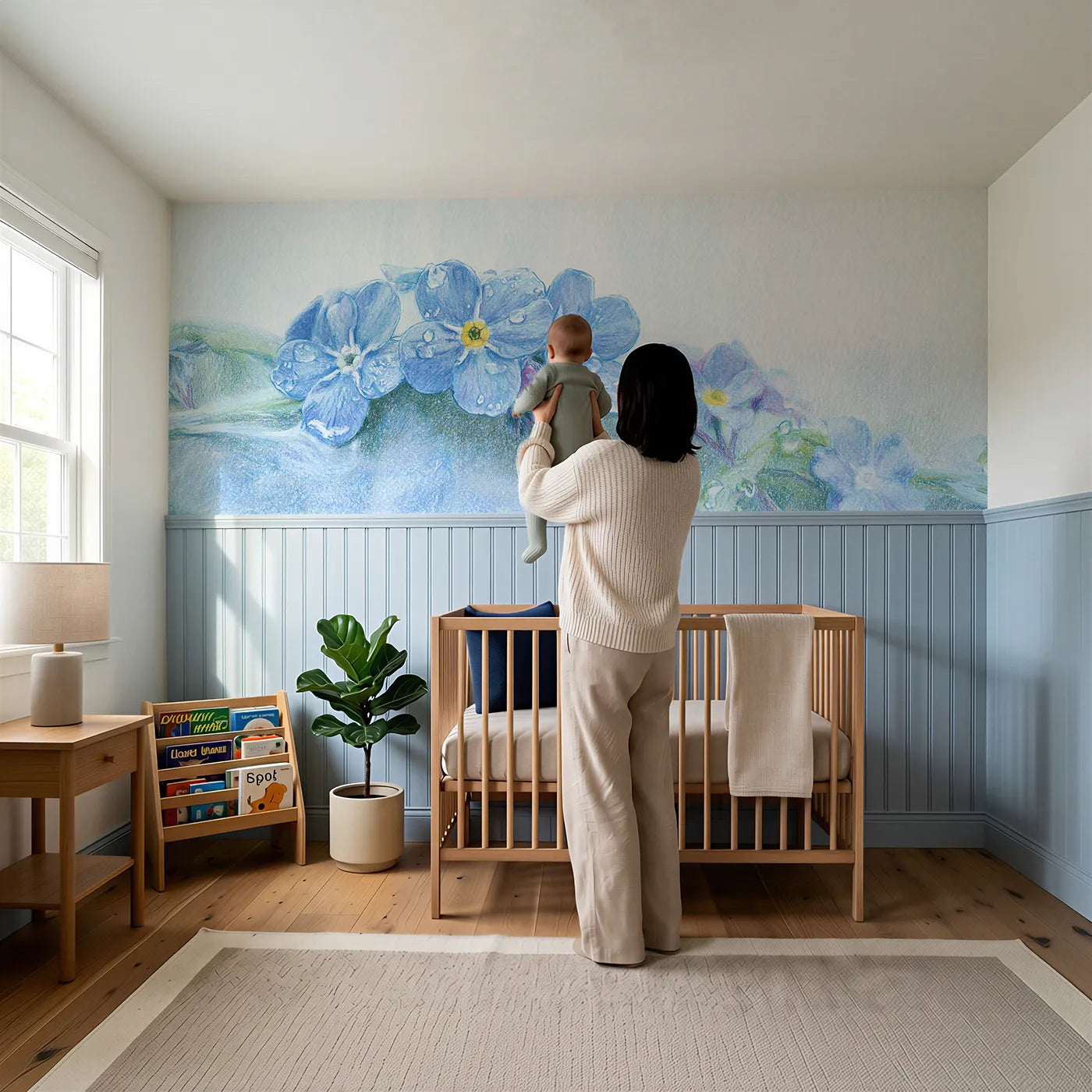 Child reading near Five Blue Petals Wainscoting Wallpaper by Whimsy Tots