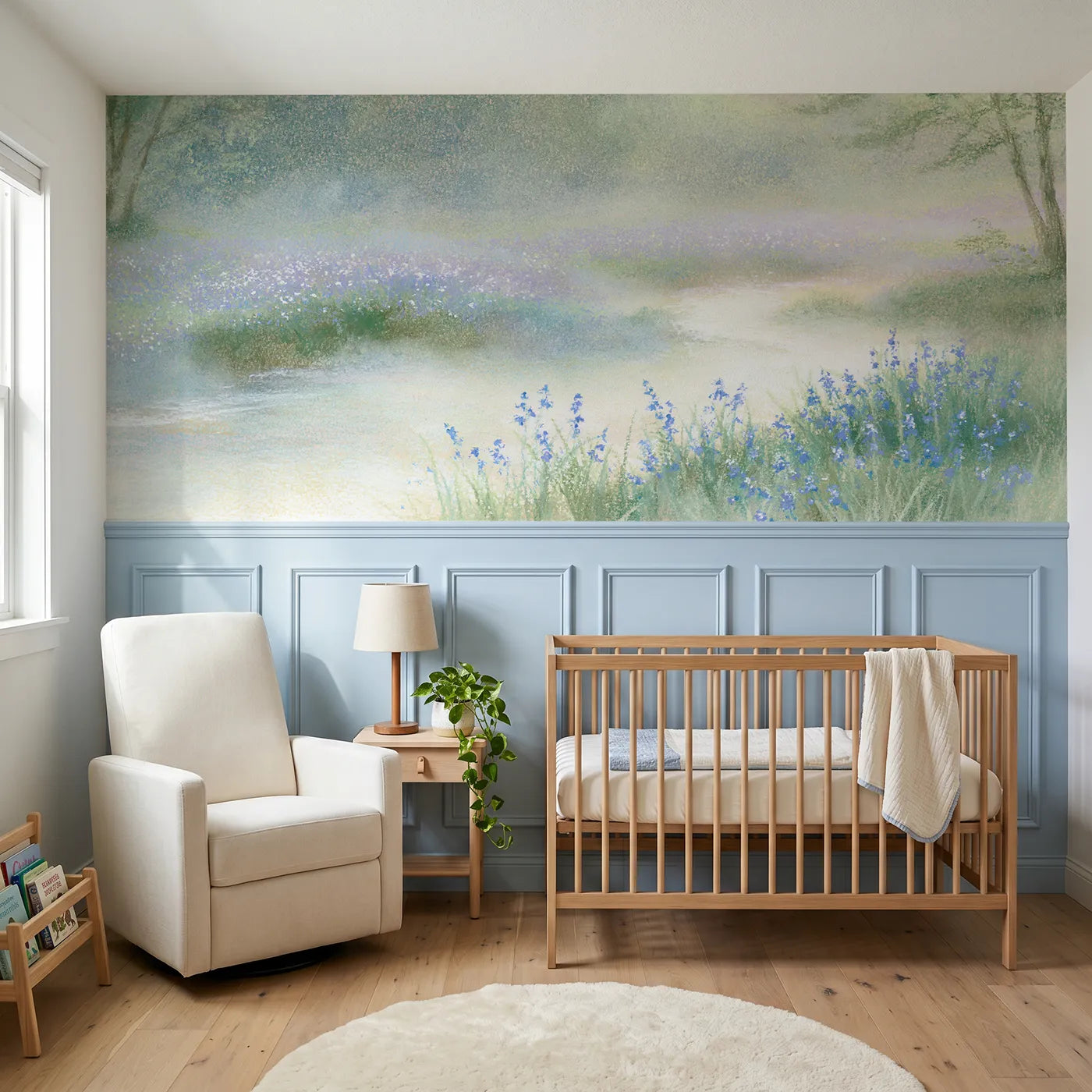 Soft pastel wainscoting wallpaper of small blue in the mist by Whimsy Tots