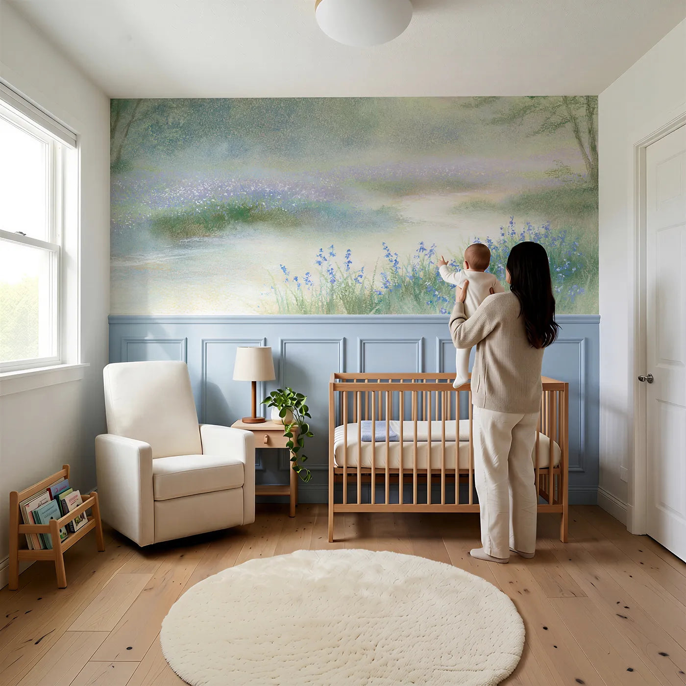 Child reading near Small Blue In The Mist Wainscoting Wallpaper by Whimsy Tots