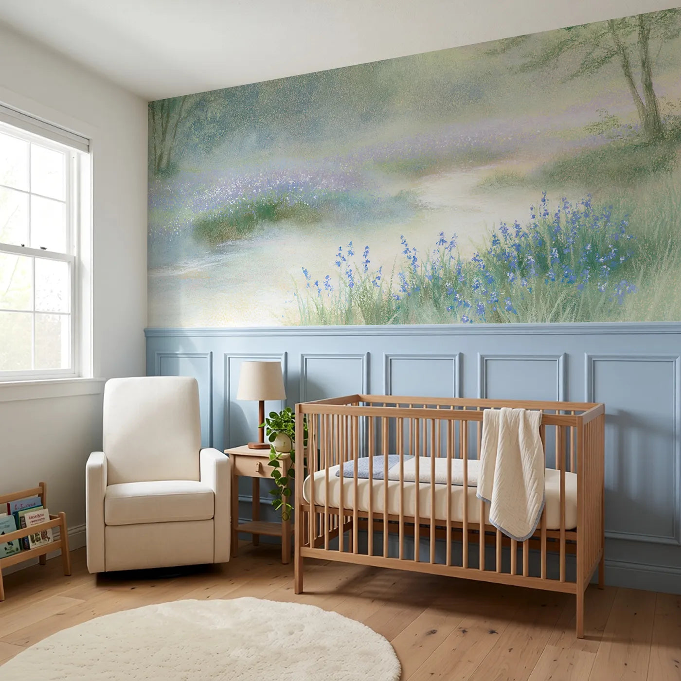 Small Blue In The Mist Wainscoting Wallpaper styled in a kids room by Whimsy Tots