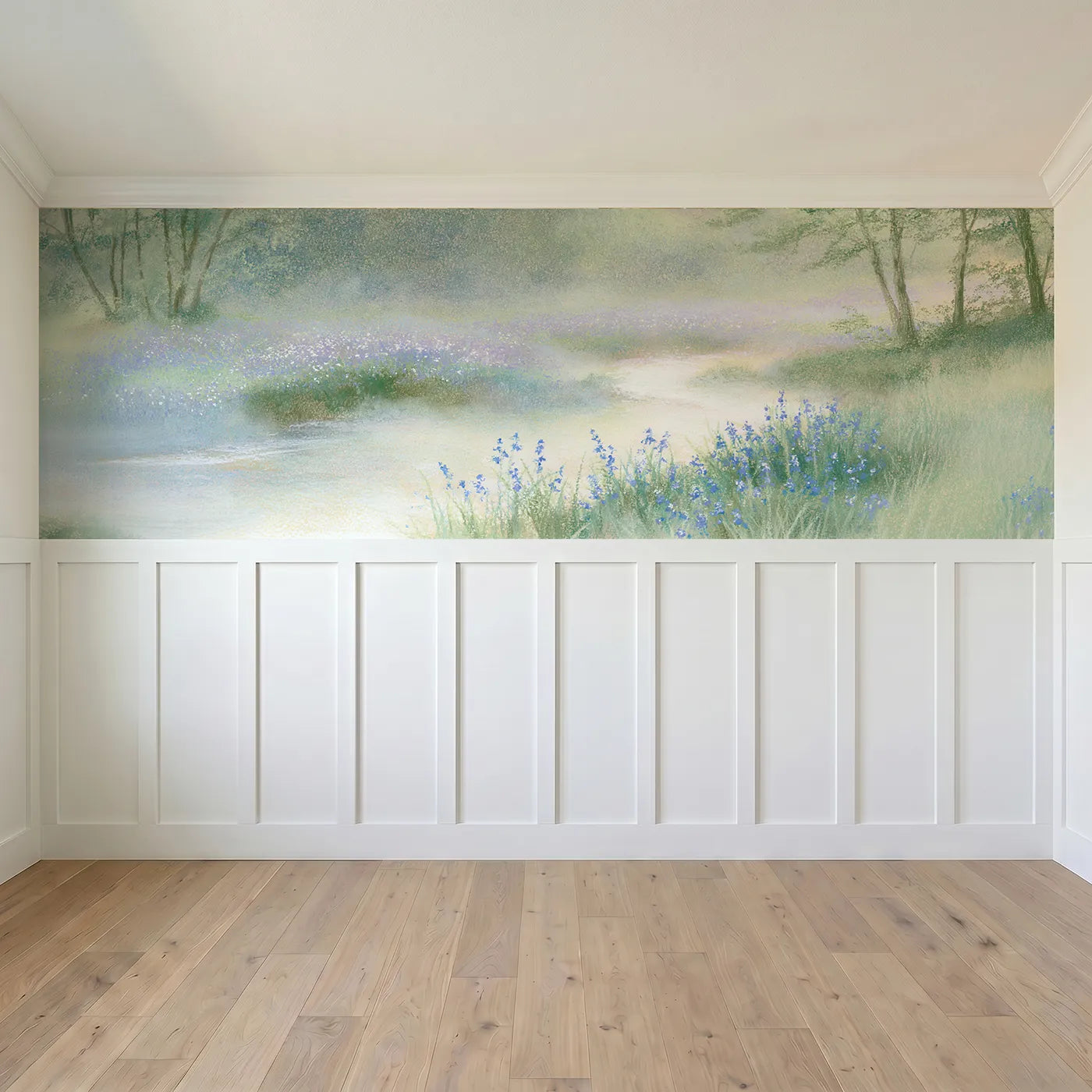 Full panel view of Small Blue In The Mist Wainscoting Wallpaper by Whimsy Tots