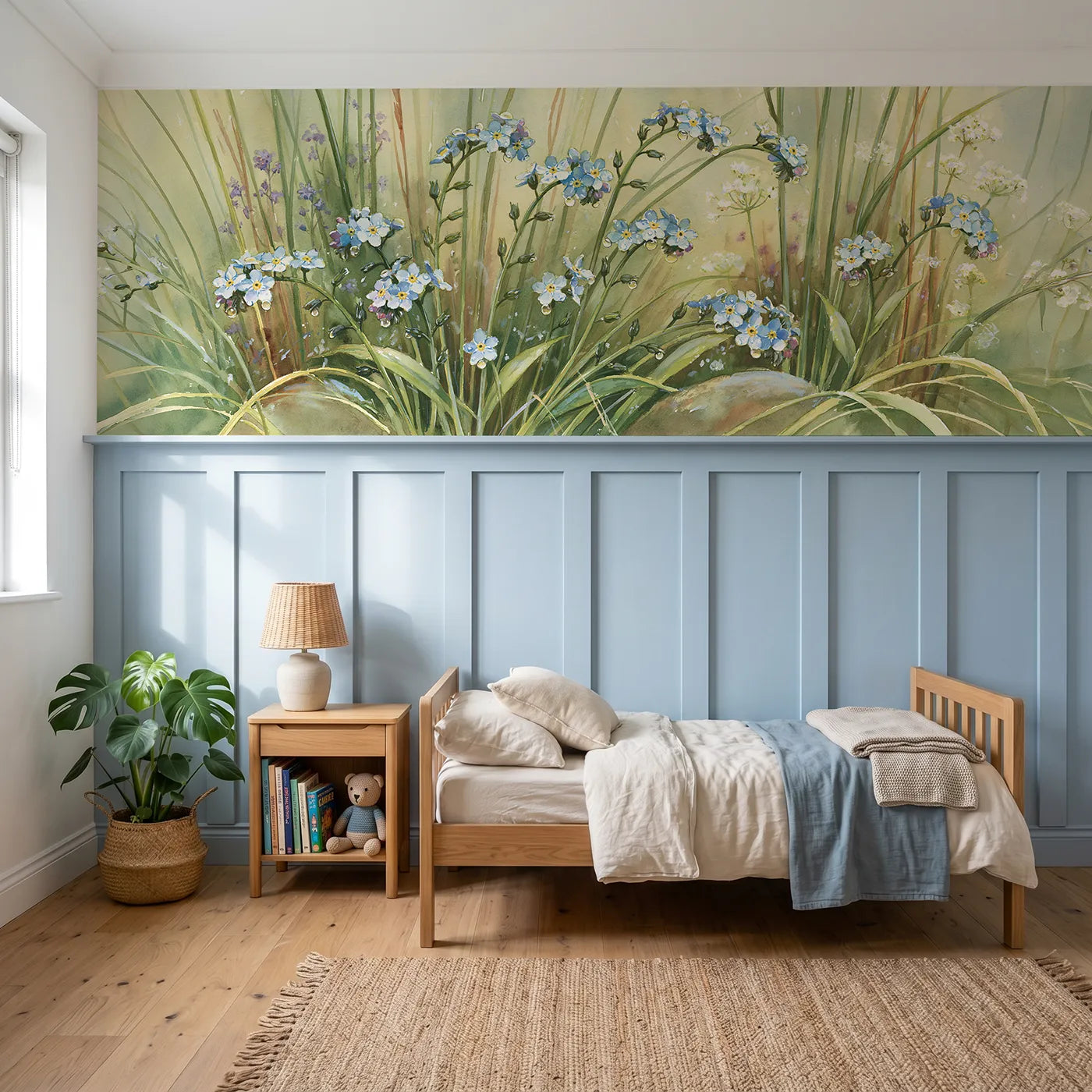 Storybook wainscoting wallpaper of raindrops on the blue by Whimsy Tots