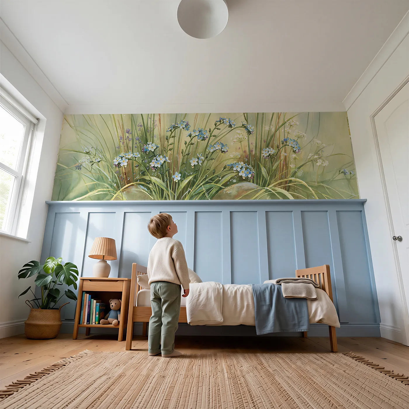Child reading near Raindrops On The Blue Wainscoting Wallpaper by Whimsy Tots