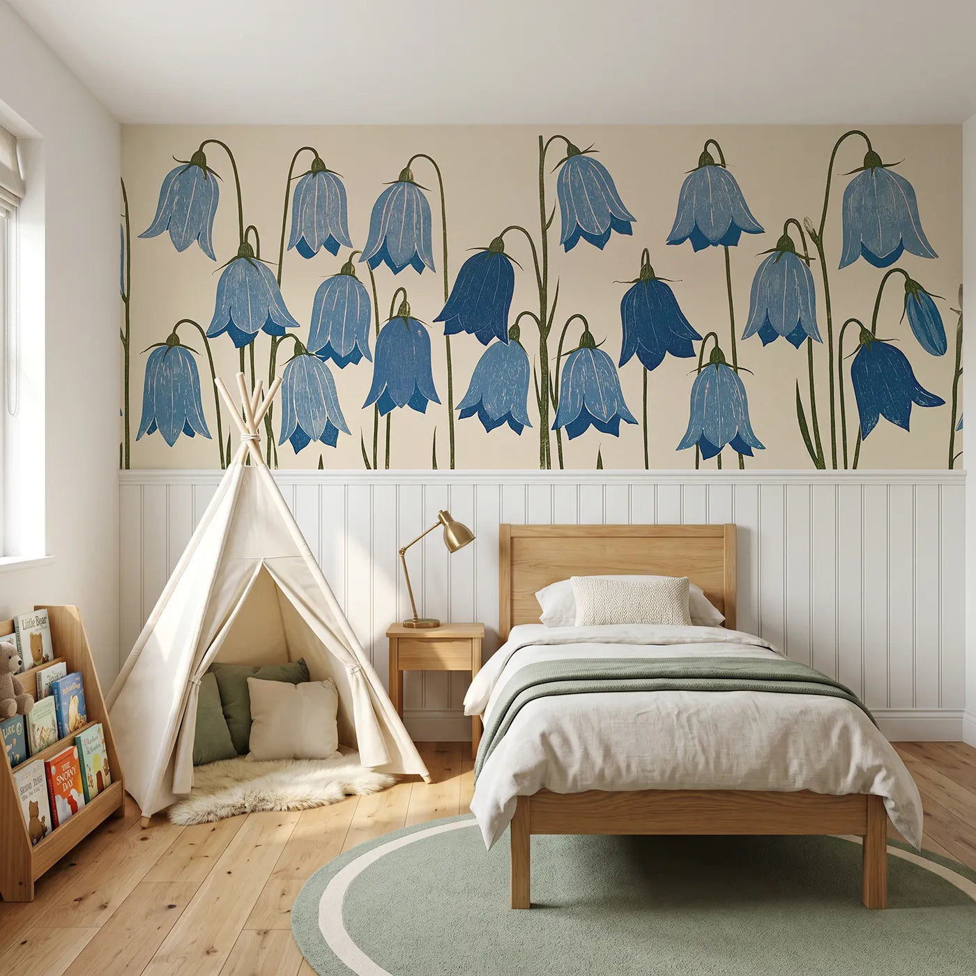Block print wainscoting wallpaper of carved harebells hanging by Whimsy Tots