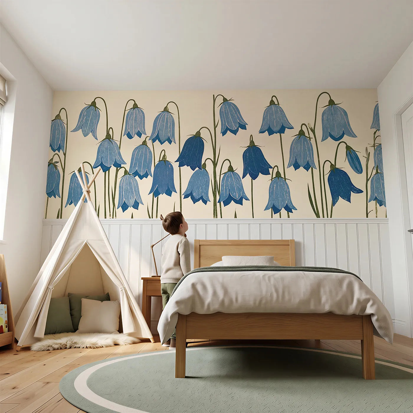 Child reading near Carved Harebells Hanging Wainscoting Wallpaper by Whimsy Tots