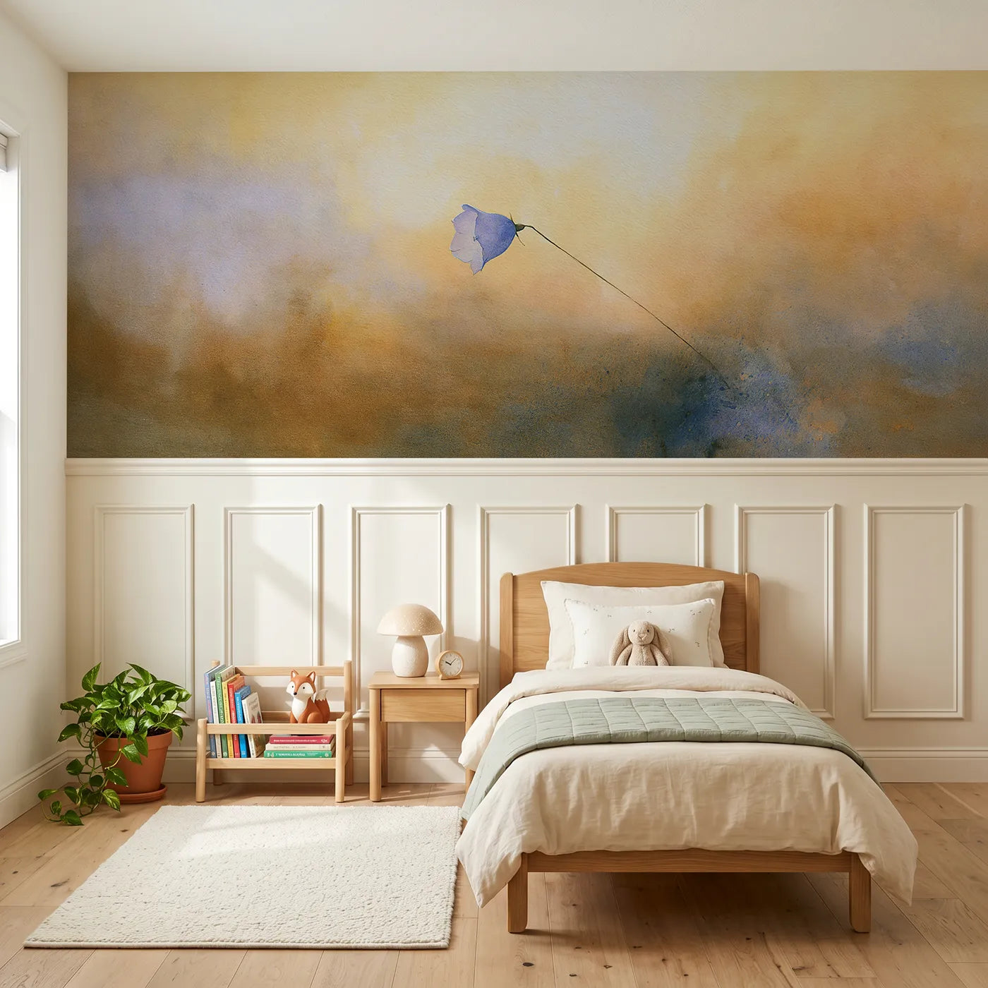 Watercolor wainscoting wallpaper of one harebell at dusk by Whimsy Tots