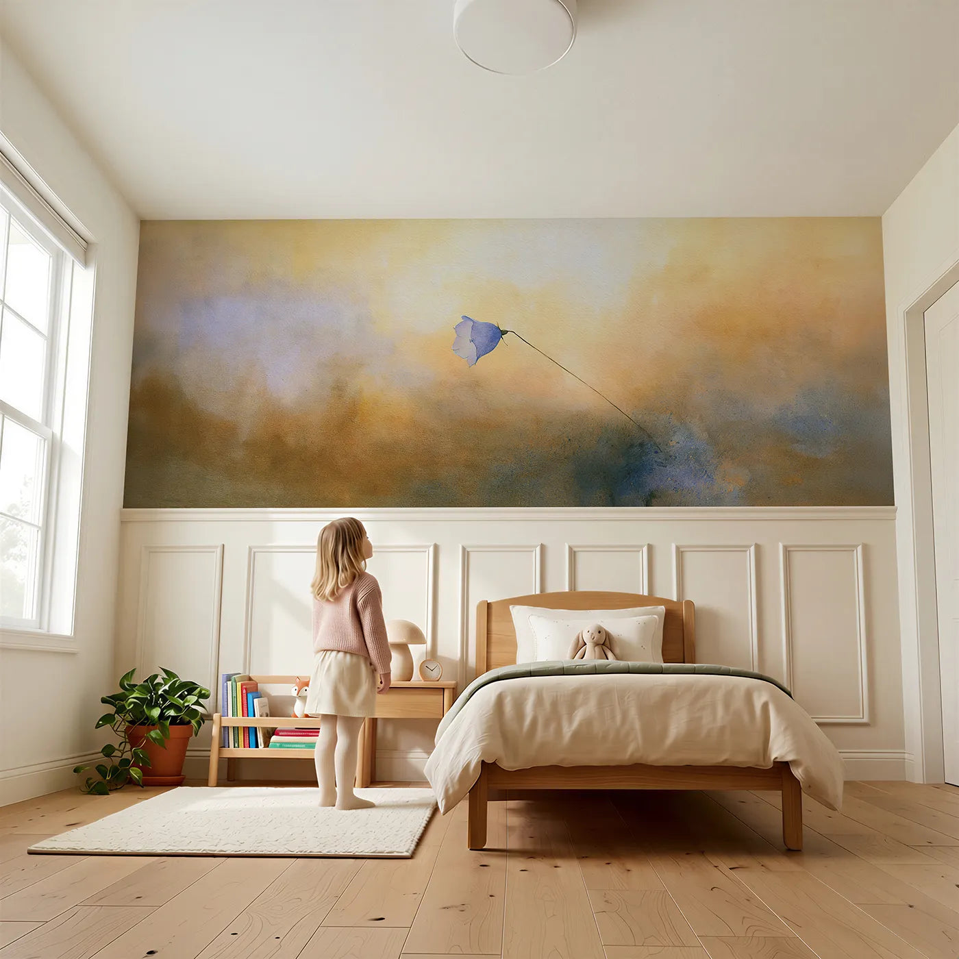 Child reading near One Harebell At Dusk Wainscoting Wallpaper by Whimsy Tots