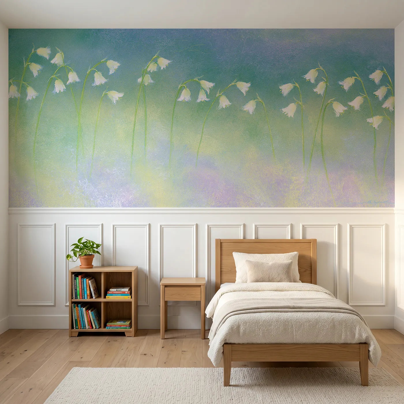 Soft pastel wainscoting wallpaper of harebells on the turf by Whimsy Tots