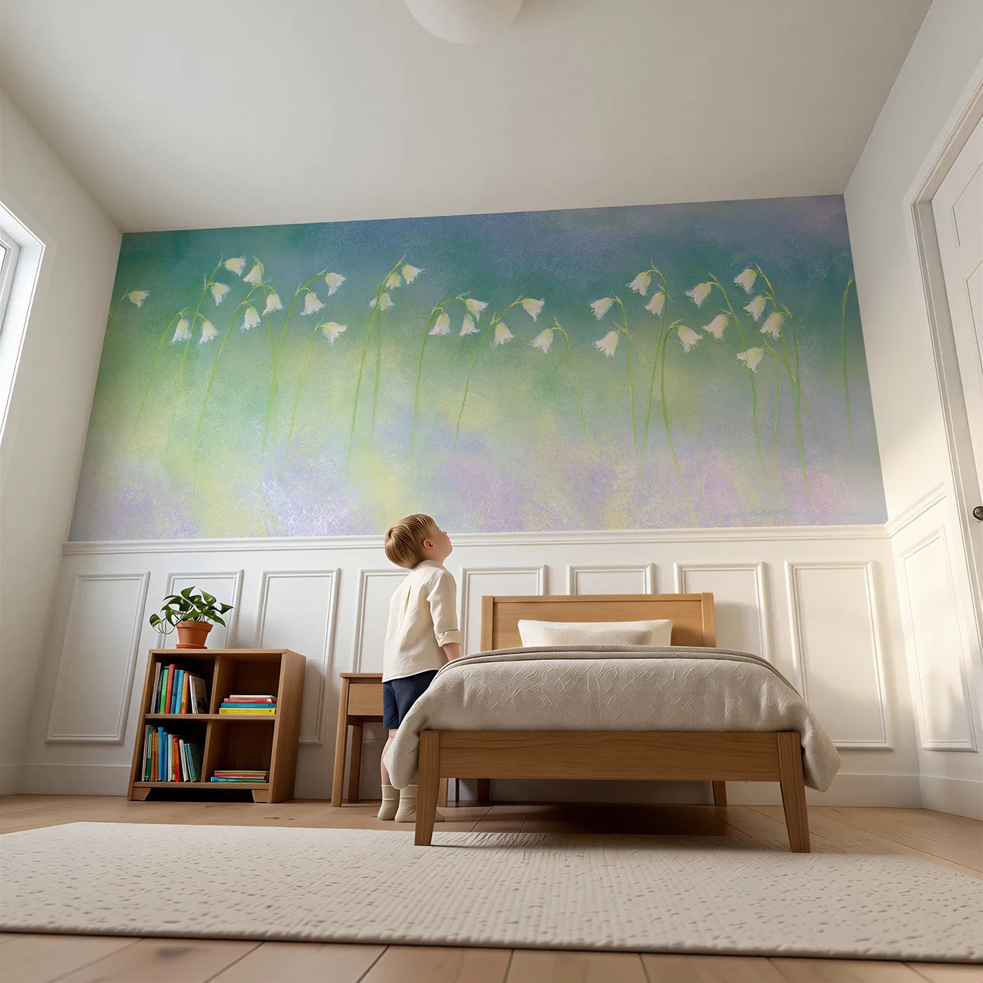Child reading near Harebells On The Turf Wainscoting Wallpaper by Whimsy Tots