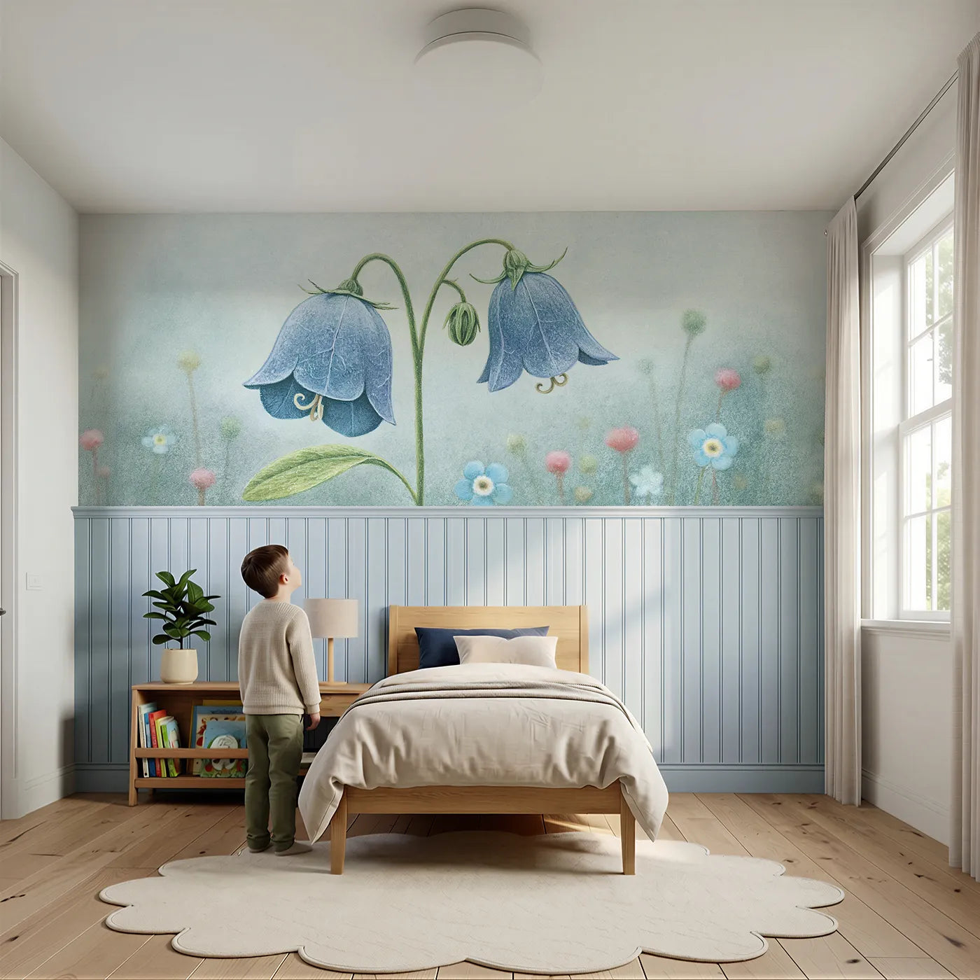 Child reading near The Papery Bell Wainscoting Wallpaper by Whimsy Tots