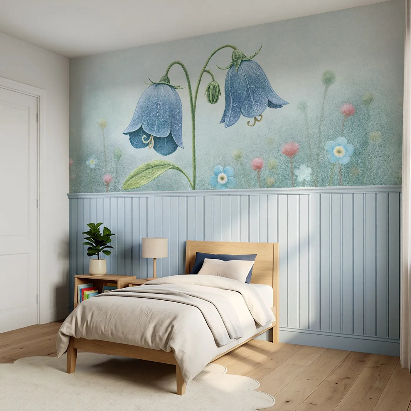 The Papery Bell Wainscoting Wallpaper styled in a kids room by Whimsy Tots