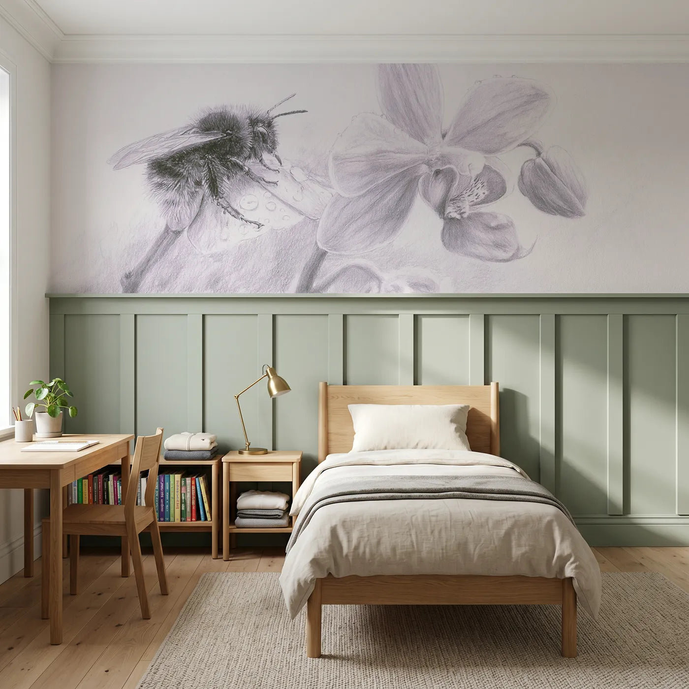 Colored pencil wainscoting wallpaper of the bee orchid by Whimsy Tots