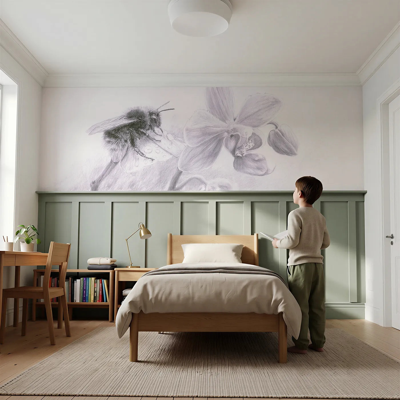 Child reading near The Bee Orchid Wainscoting Wallpaper by Whimsy Tots