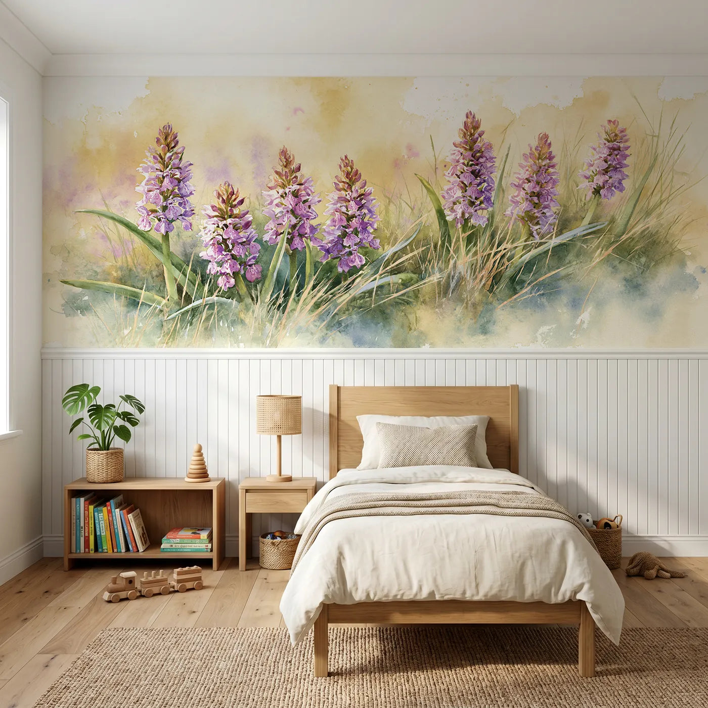 Watercolor wainscoting wallpaper of early purples on the down by Whimsy Tots