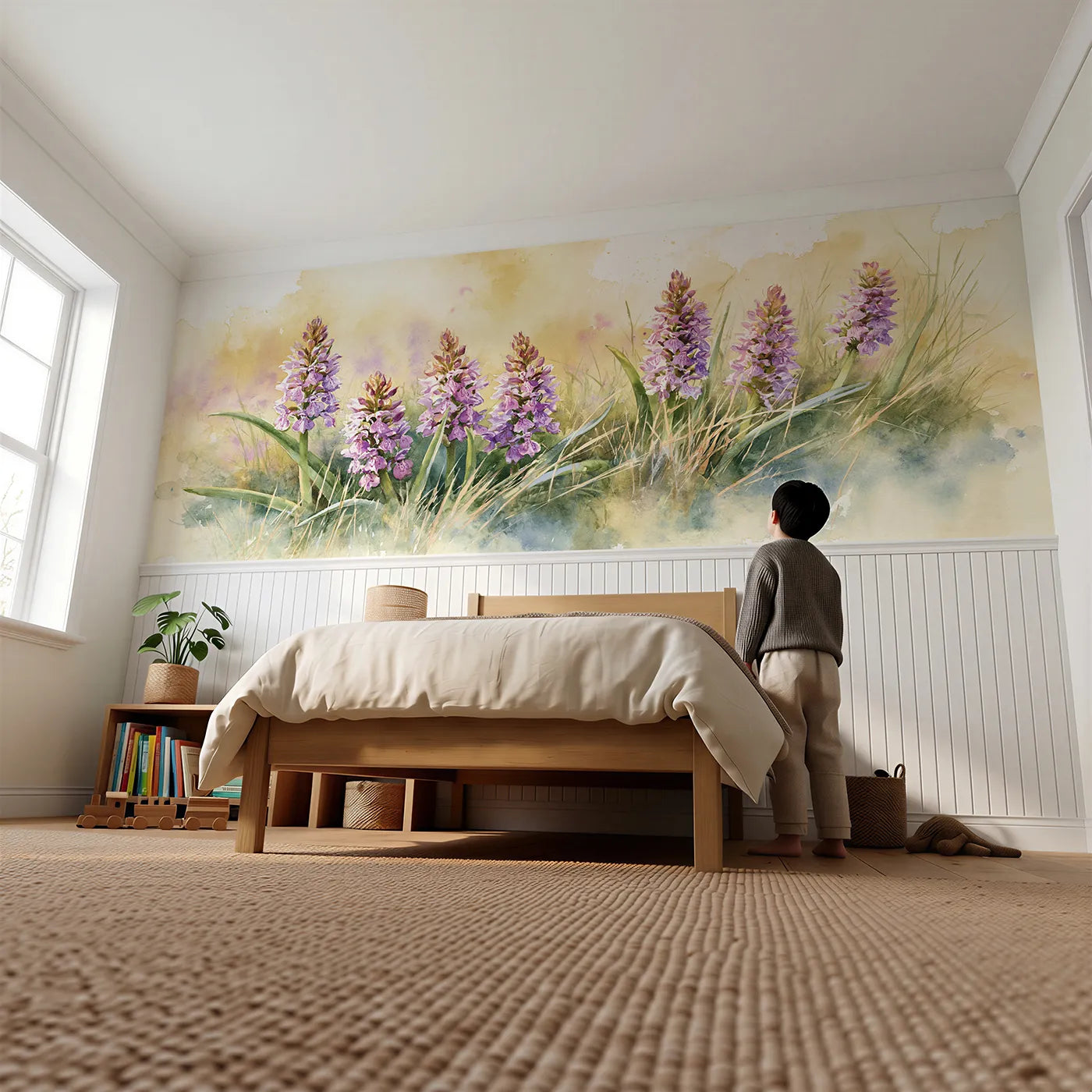 Child reading near Early Purples On The Down Wainscoting Wallpaper by Whimsy Tots