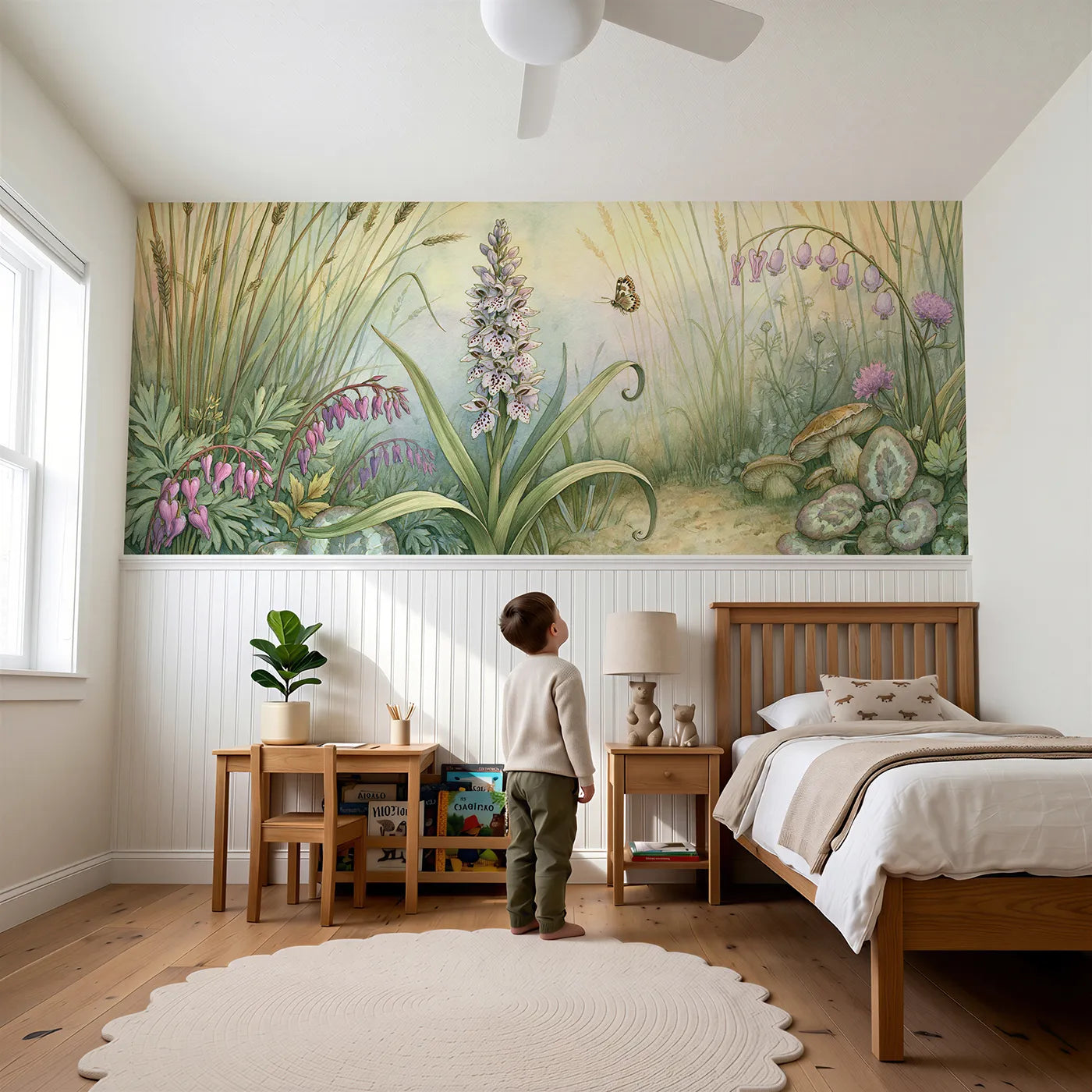 Child reading near The Speckled Spike Wainscoting Wallpaper by Whimsy Tots