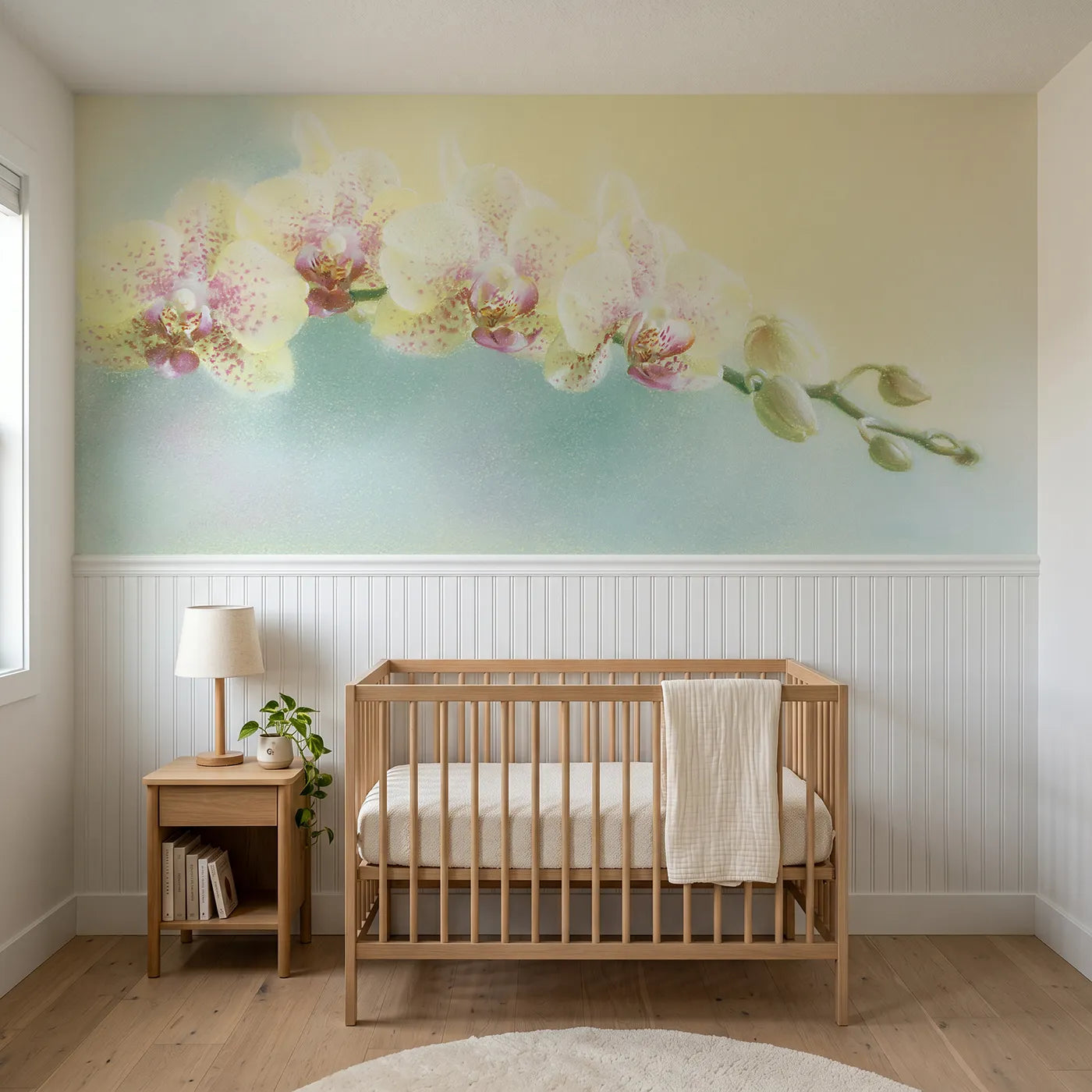 Soft pastel wainscoting wallpaper of buds spiralling open by Whimsy Tots
