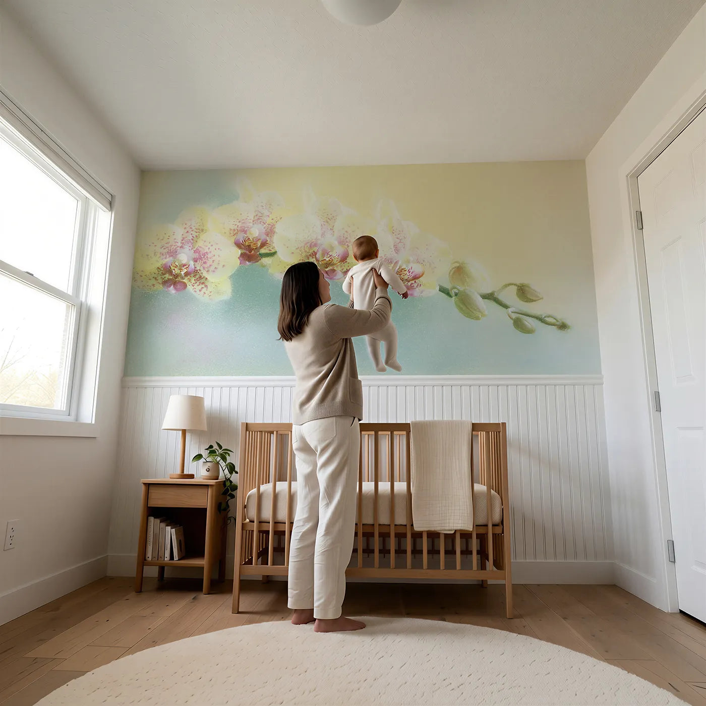 Child reading near Buds Spiralling Open Wainscoting Wallpaper by Whimsy Tots