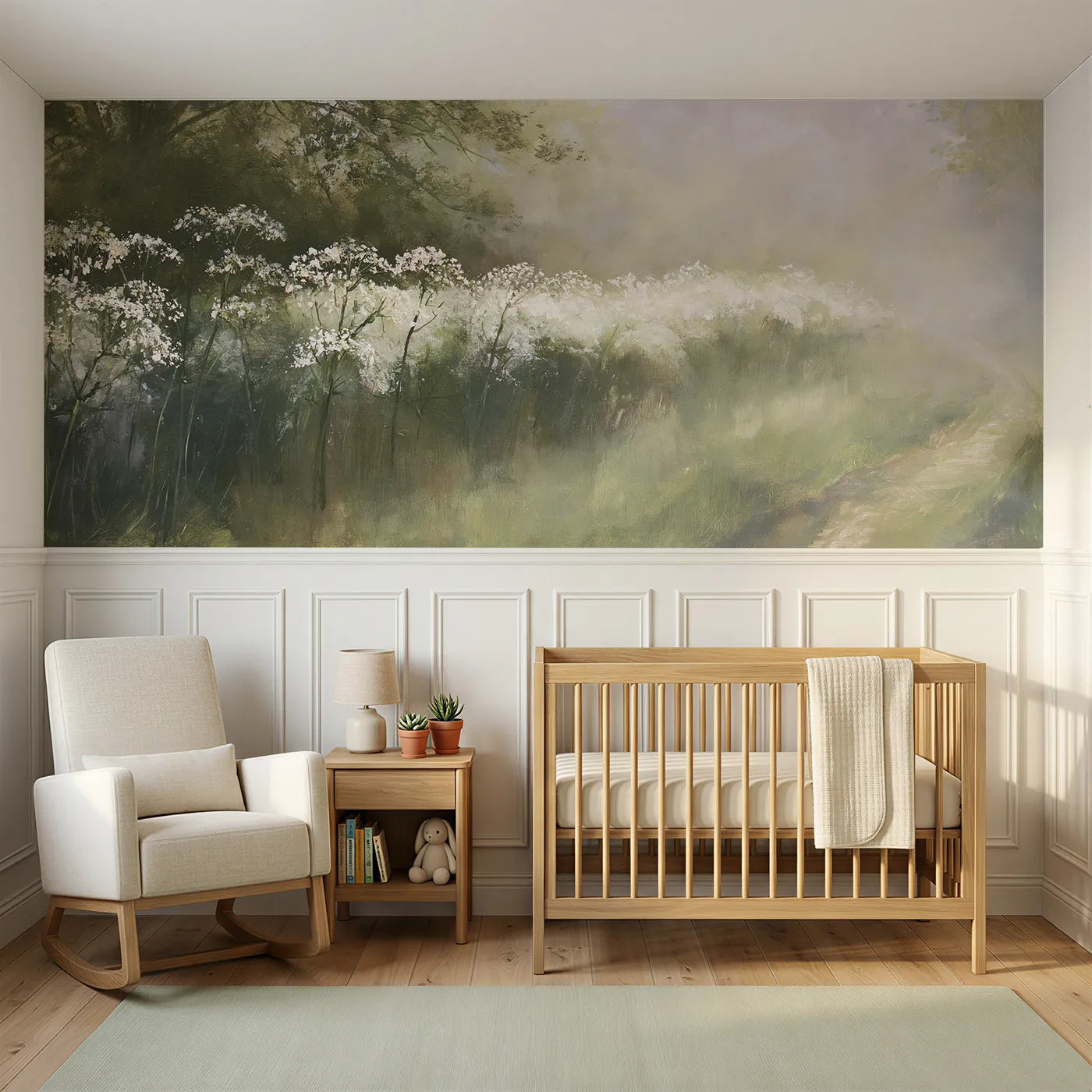 Watercolor wainscoting wallpaper of white froth down the lane by Whimsy Tots
