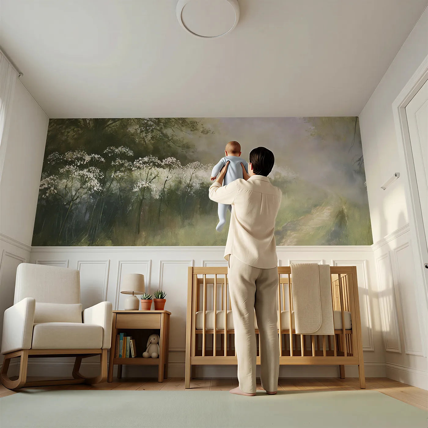 Child reading near White Froth Down The Lane Wainscoting Wallpaper by Whimsy Tots