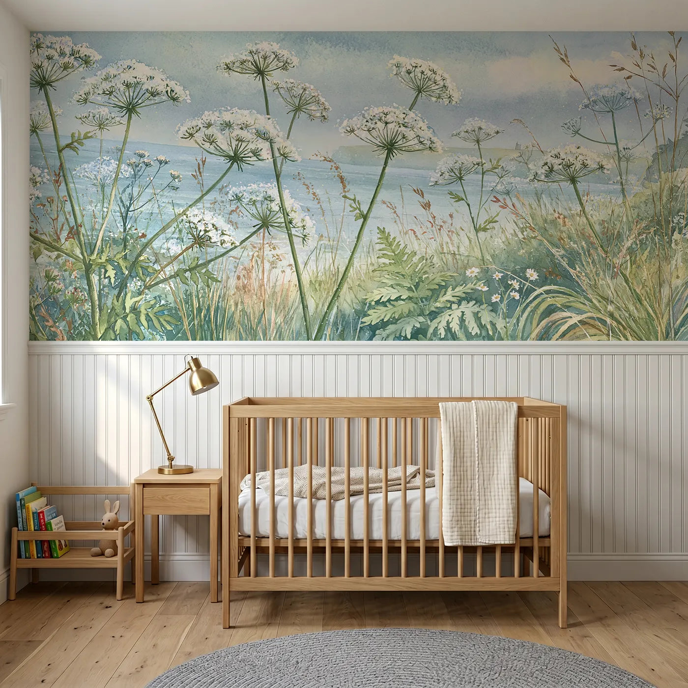 Storybook wainscoting wallpaper of lace against the sky by Whimsy Tots