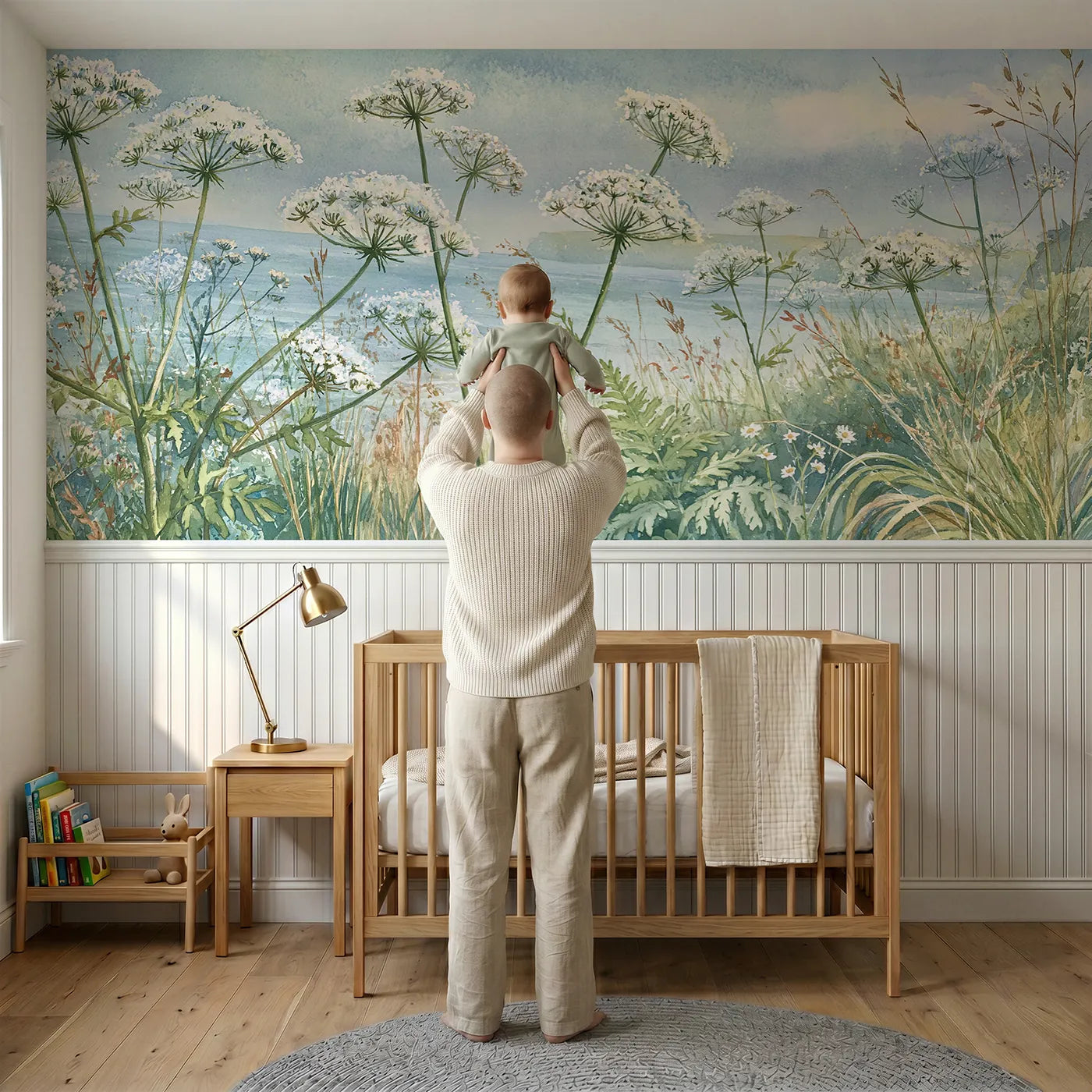 Child reading near Lace Against The Sky Wainscoting Wallpaper by Whimsy Tots