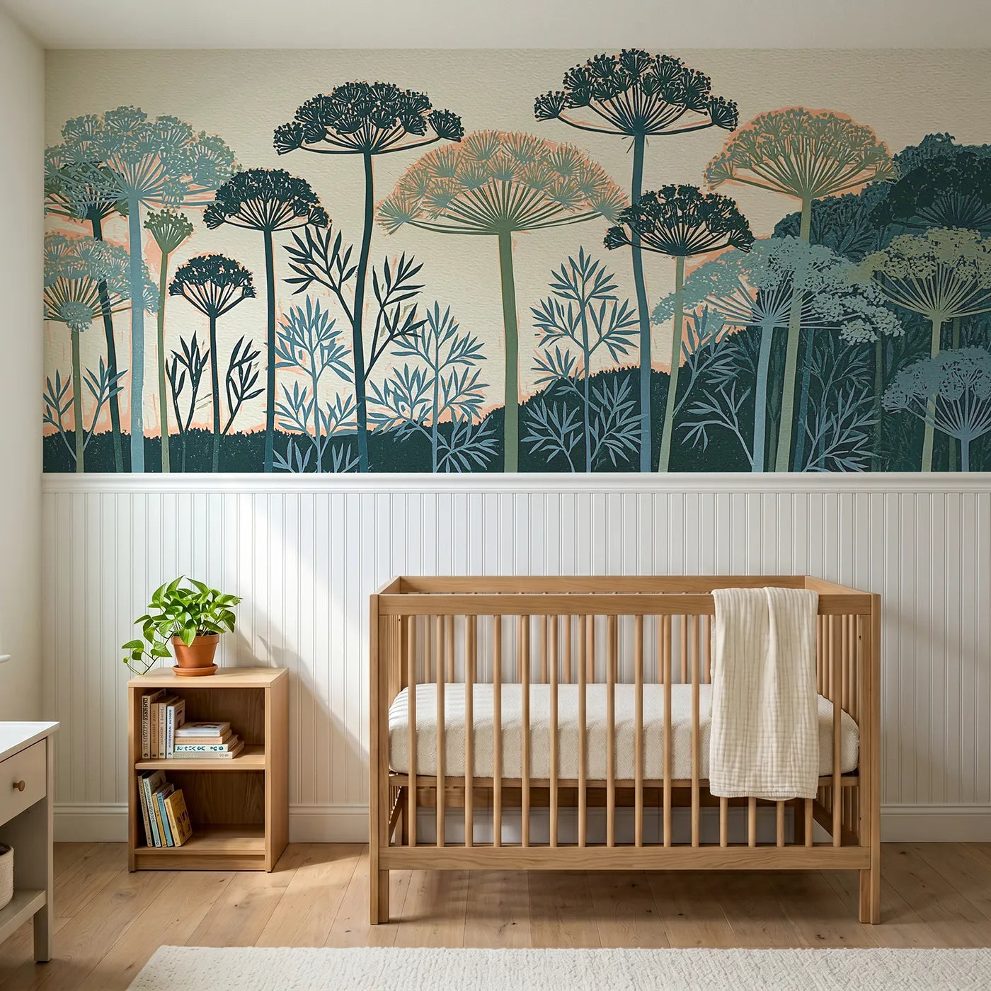 Block print wainscoting wallpaper of carved cow parsley by Whimsy Tots