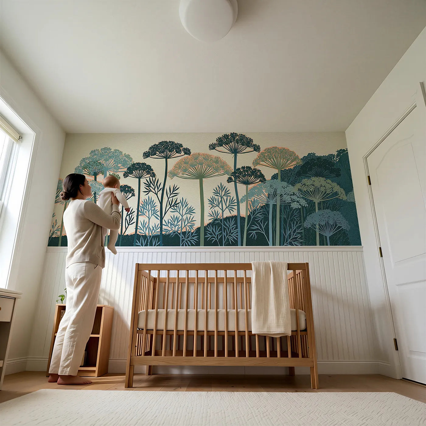 Child reading near Carved Cow Parsley Wainscoting Wallpaper by Whimsy Tots