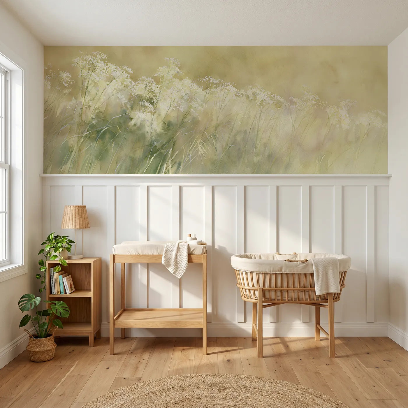 Watercolor wainscoting wallpaper of meadowsweet at the margin by Whimsy Tots