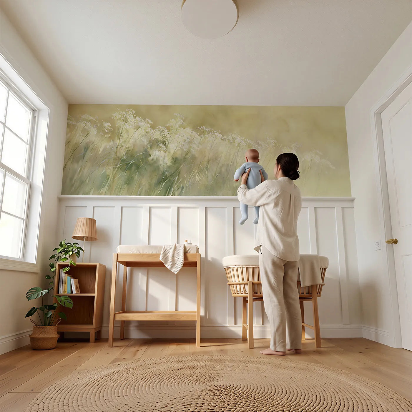 Child reading near Meadowsweet At The Margin Wainscoting Wallpaper by Whimsy Tots