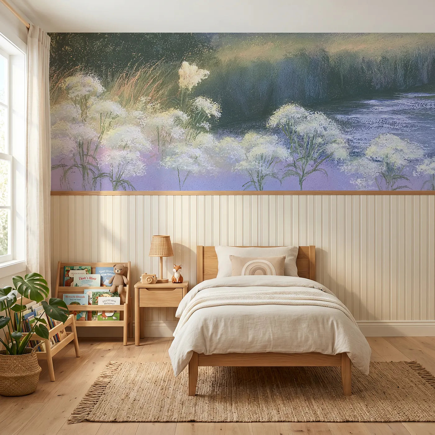 Soft pastel wainscoting wallpaper of meadowsweet by the brook by Whimsy Tots