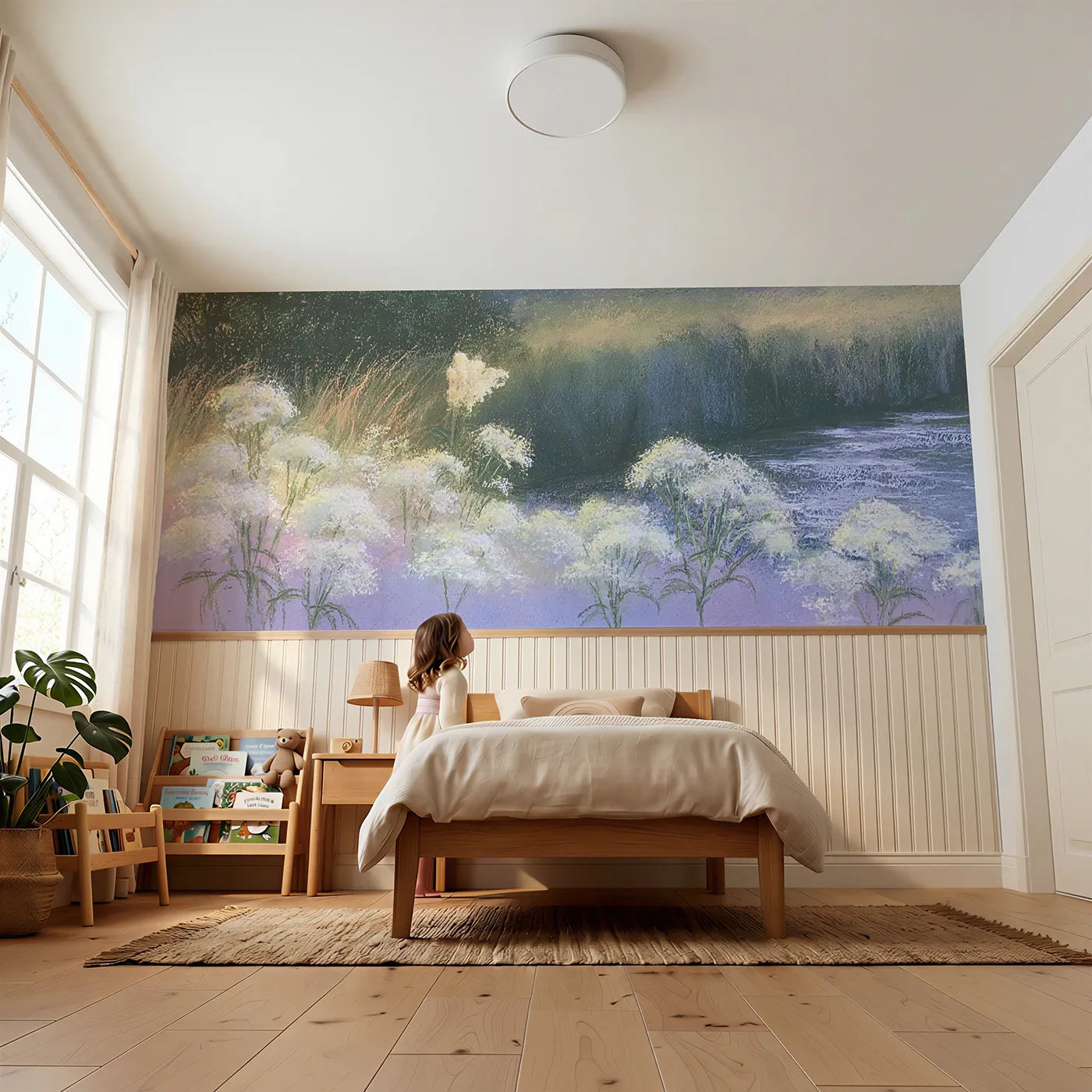 Child reading near Meadowsweet By The Brook Wainscoting Wallpaper by Whimsy Tots