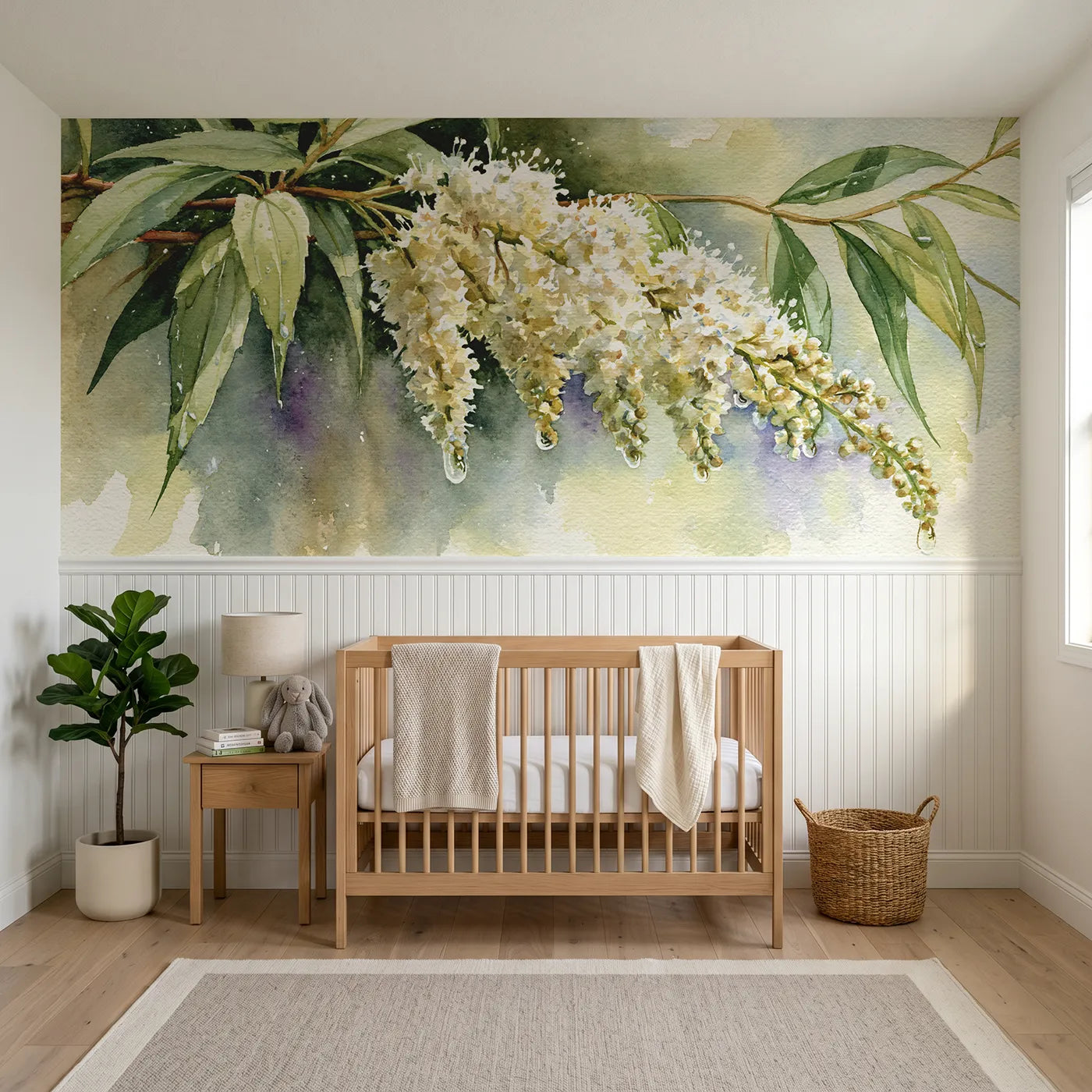 Watercolor wainscoting wallpaper of plumes damp and sweet by Whimsy Tots