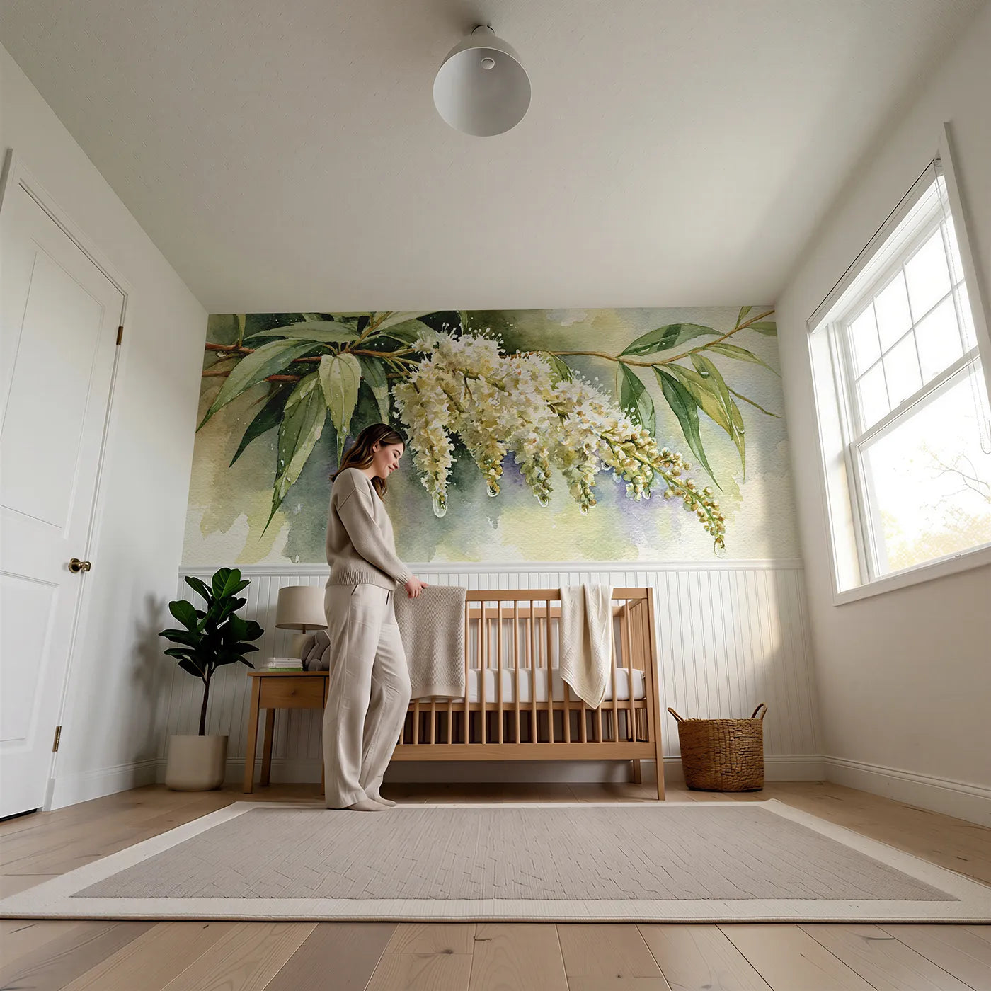 Child reading near Plumes Damp And Sweet Wainscoting Wallpaper by Whimsy Tots