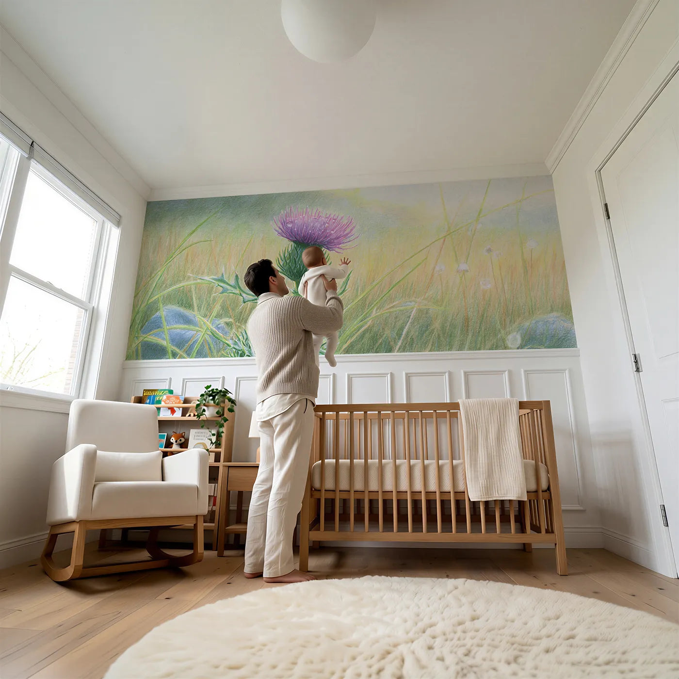 Child reading near The Purple Crown Wainscoting Wallpaper by Whimsy Tots
