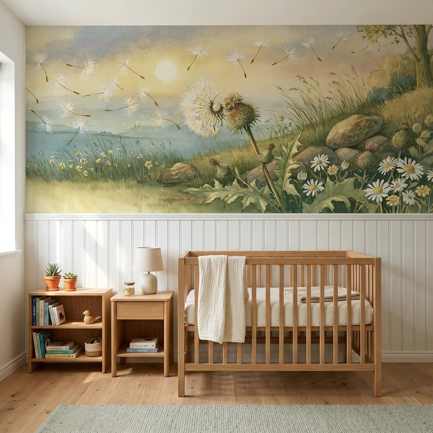 Storybook wainscoting wallpaper of the down letting go by Whimsy Tots