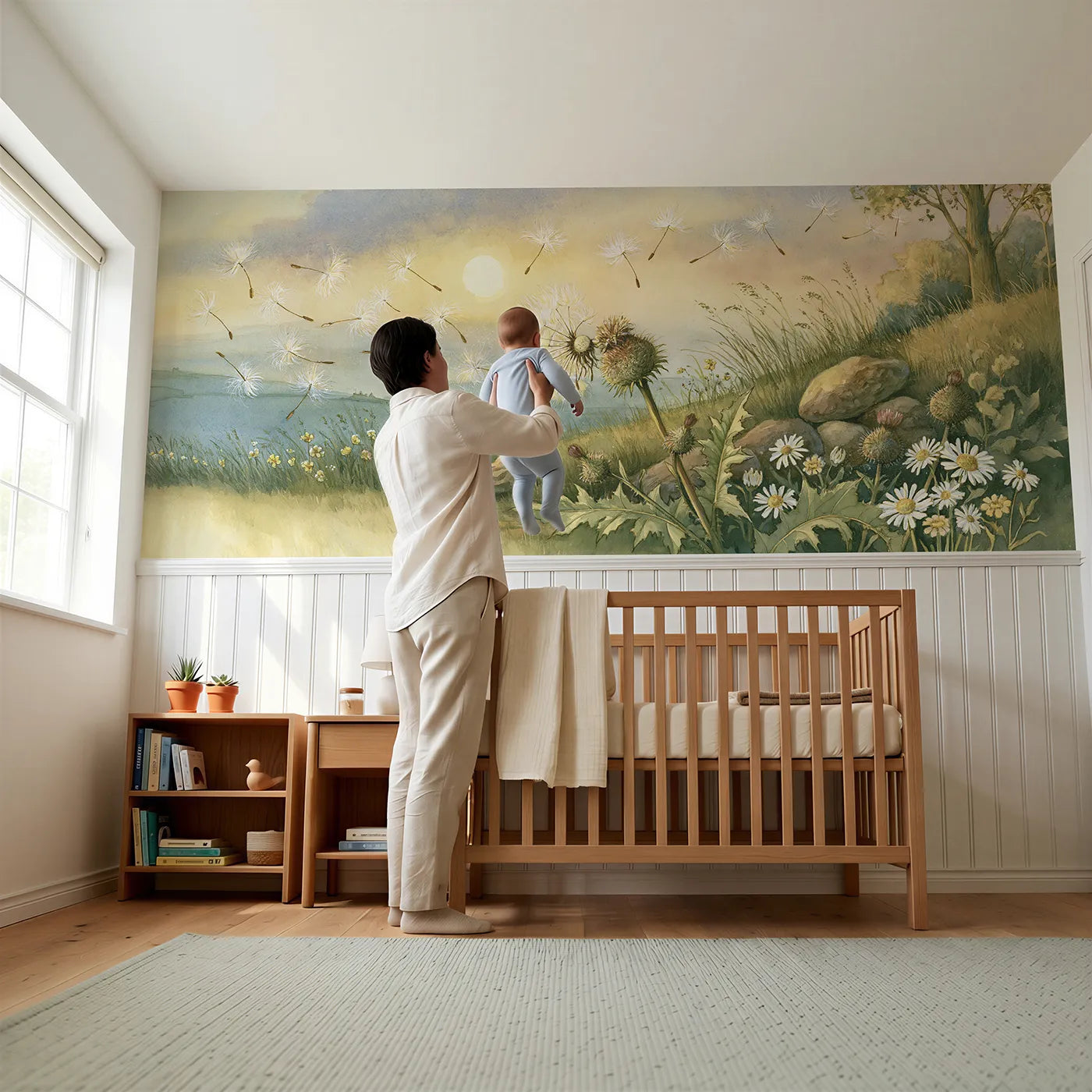 Child reading near The Down Letting Go Wainscoting Wallpaper by Whimsy Tots