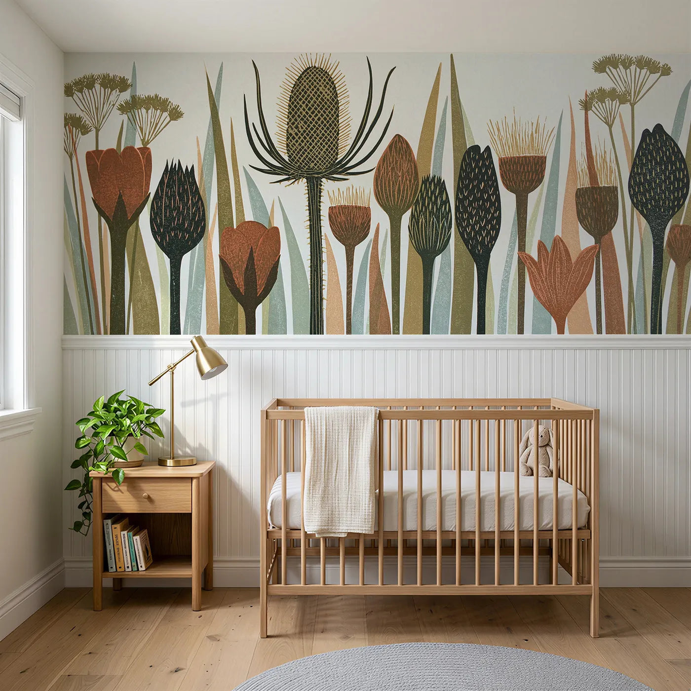 Block print wainscoting wallpaper of the carved teasel by Whimsy Tots