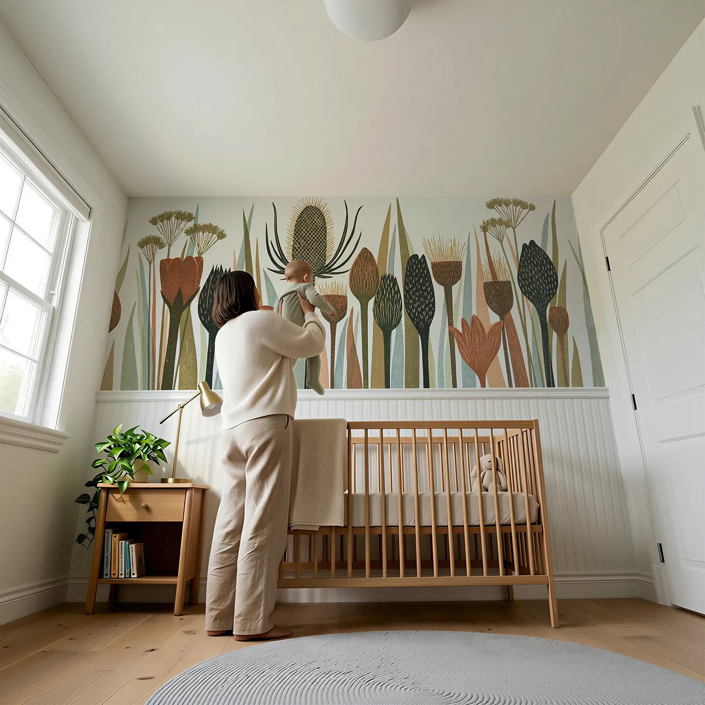 Child reading near The Carved Teasel Wainscoting Wallpaper by Whimsy Tots