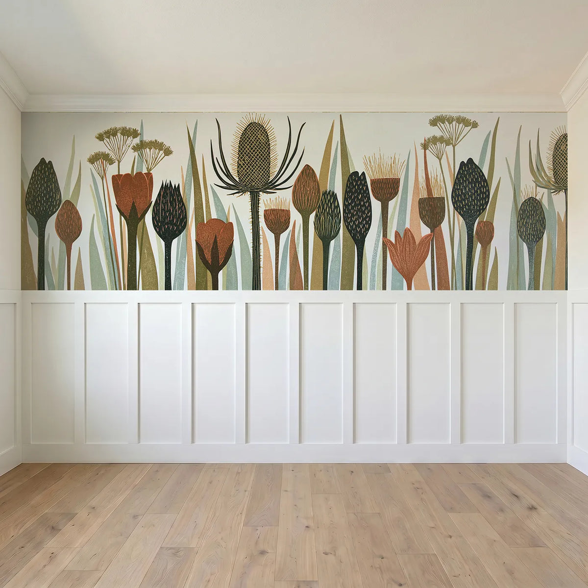 Full panel view of The Carved Teasel Wainscoting Wallpaper by Whimsy Tots