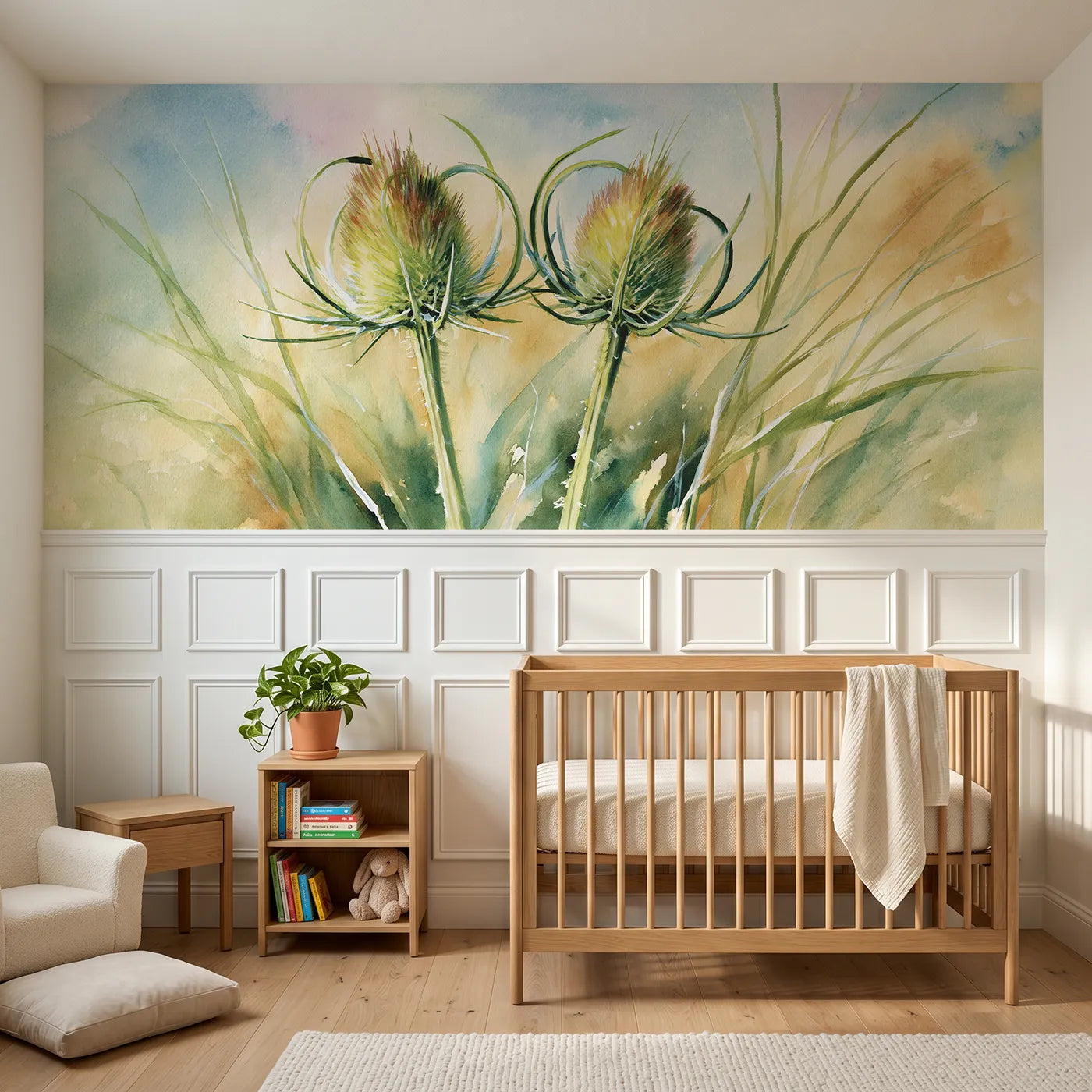 Watercolor wainscoting wallpaper of two teasel heads by Whimsy Tots