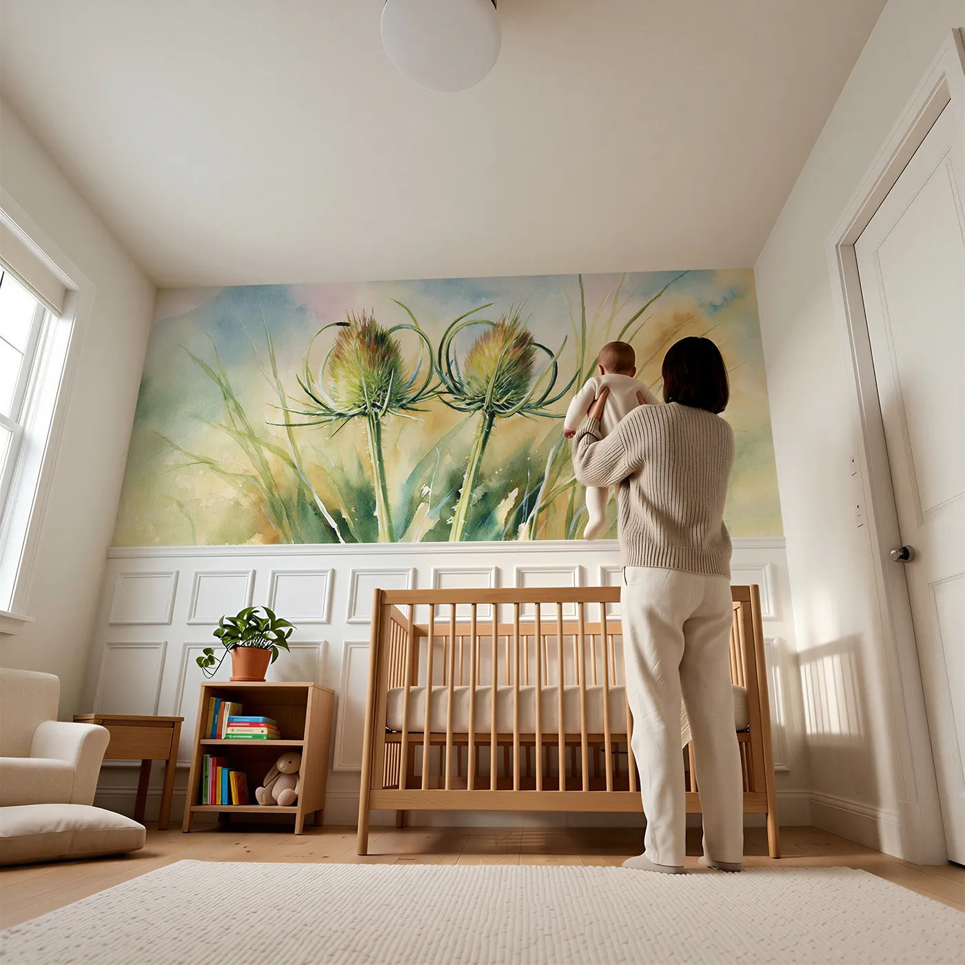 Child reading near Two Teasel Heads Wainscoting Wallpaper by Whimsy Tots