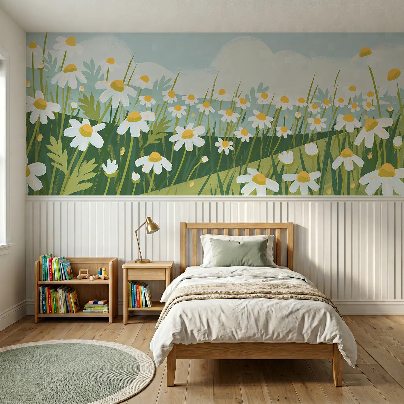 Modern illustration wainscoting wallpaper of folk chamomile sprinkle by Whimsy Tots