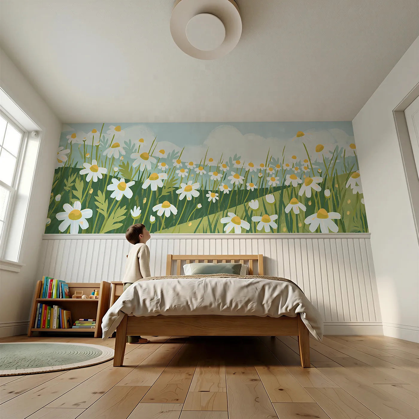 Child reading near Folk Chamomile Sprinkle Wainscoting Wallpaper by Whimsy Tots